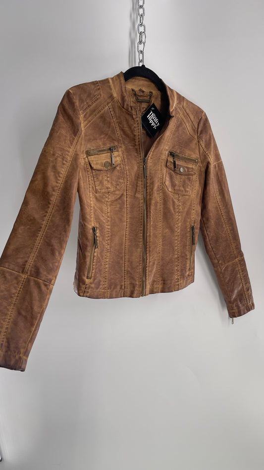 Vintage Brown Vegan Leather Distressed Motorcycle Jacket  (Small)