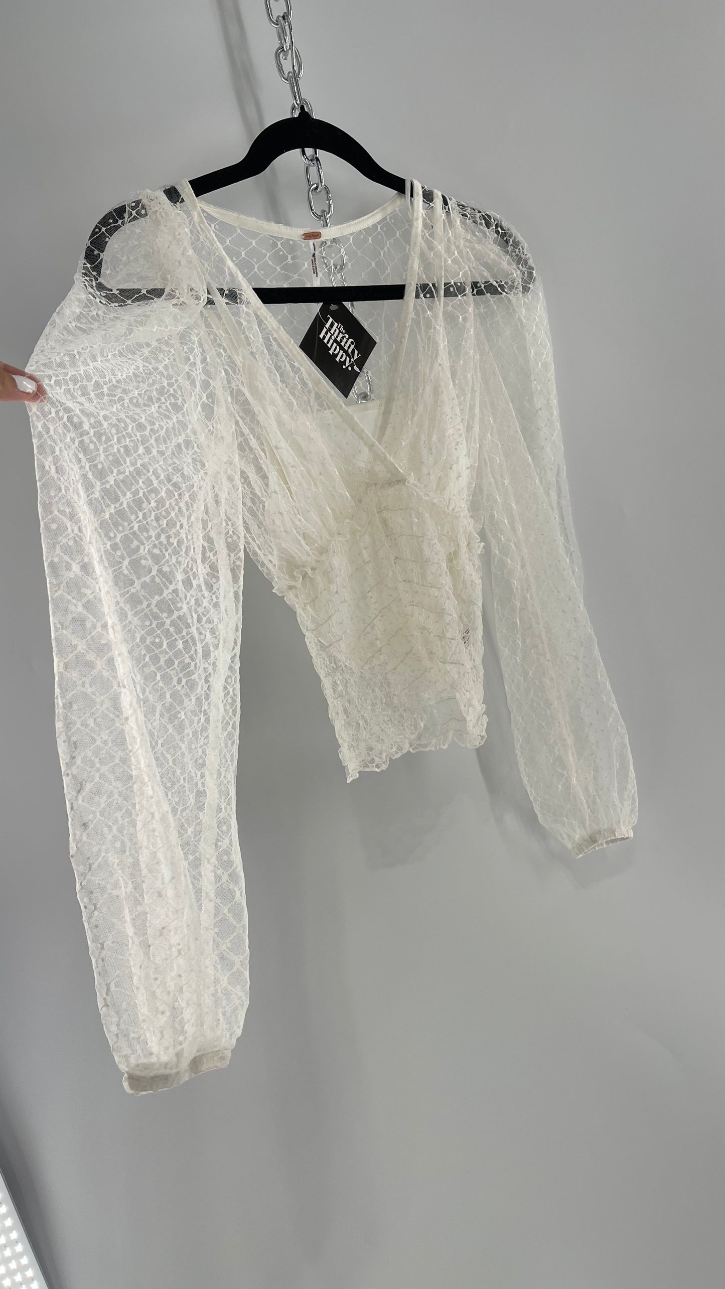 Free People White Embroidered Mesh Blouse with Keyhole Back and Balloon Sleeves (XS)