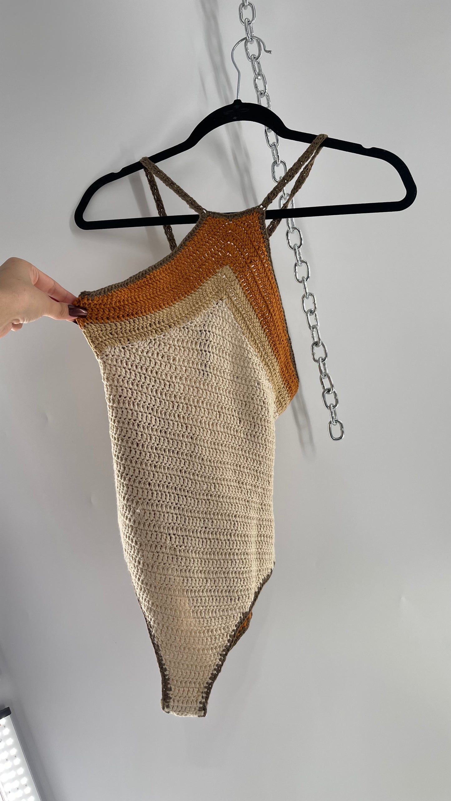 Intimately Free People Brown, Beige, Orange Crochet Knit Bodysuit (XS)