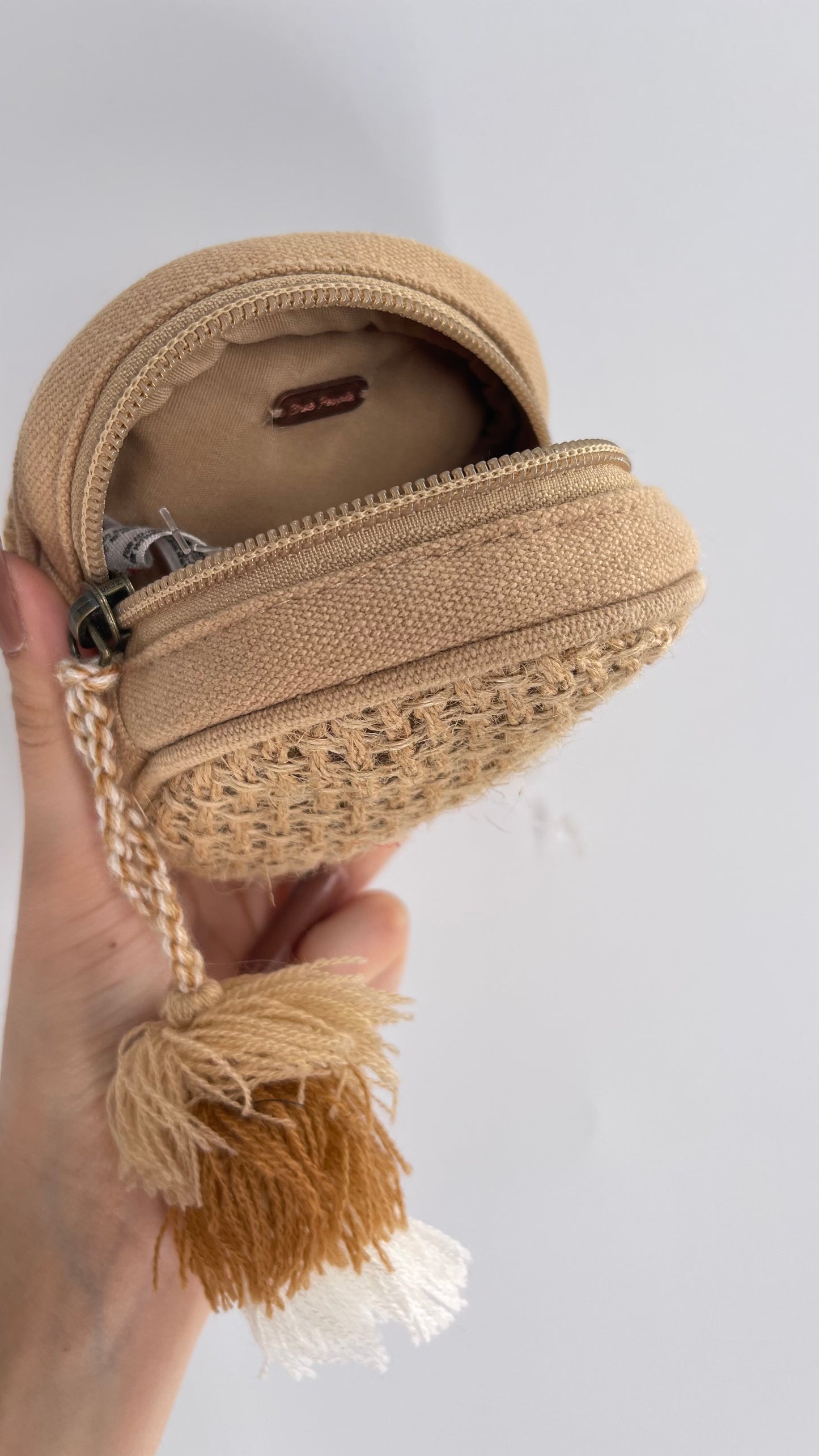 Free People Tan Woven Round Coin Purse with Tassel Keychain