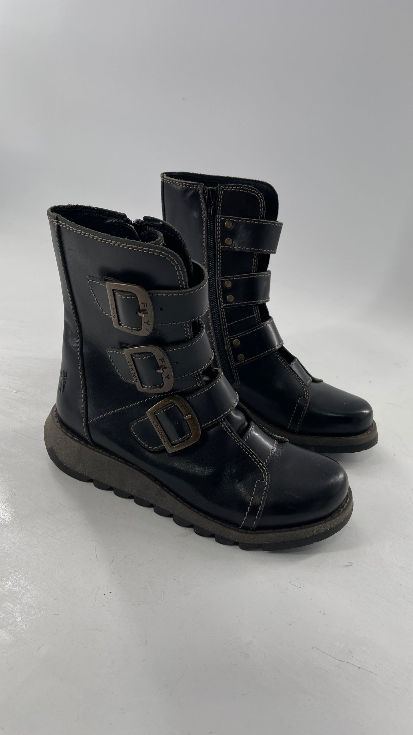 Fly London Black Zipper Side Biker Boot with Oversized Brass Buckles (38)