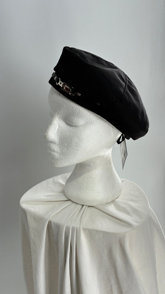 Black Beret with Vegan Leather Strap with Silver Metal Hardware
