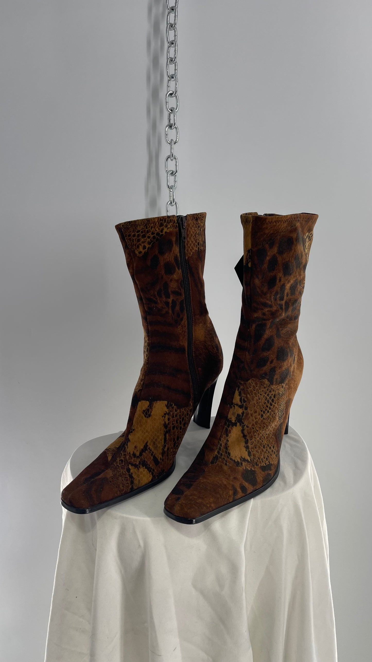 Vintage MOULIN Square Toe Mixed Animal Print Patchwork Booties (8.5)