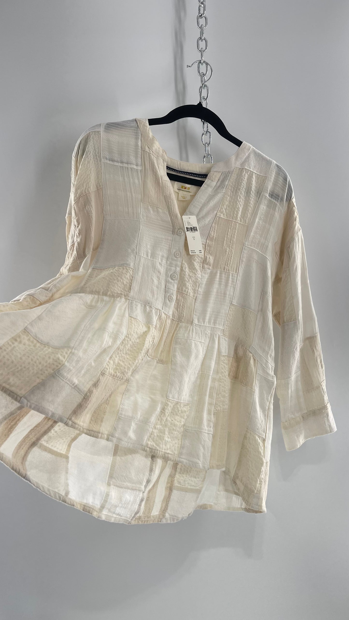 Anthropologie Patchwork Off White Voluminous Blouse with Tags Attached (Small)