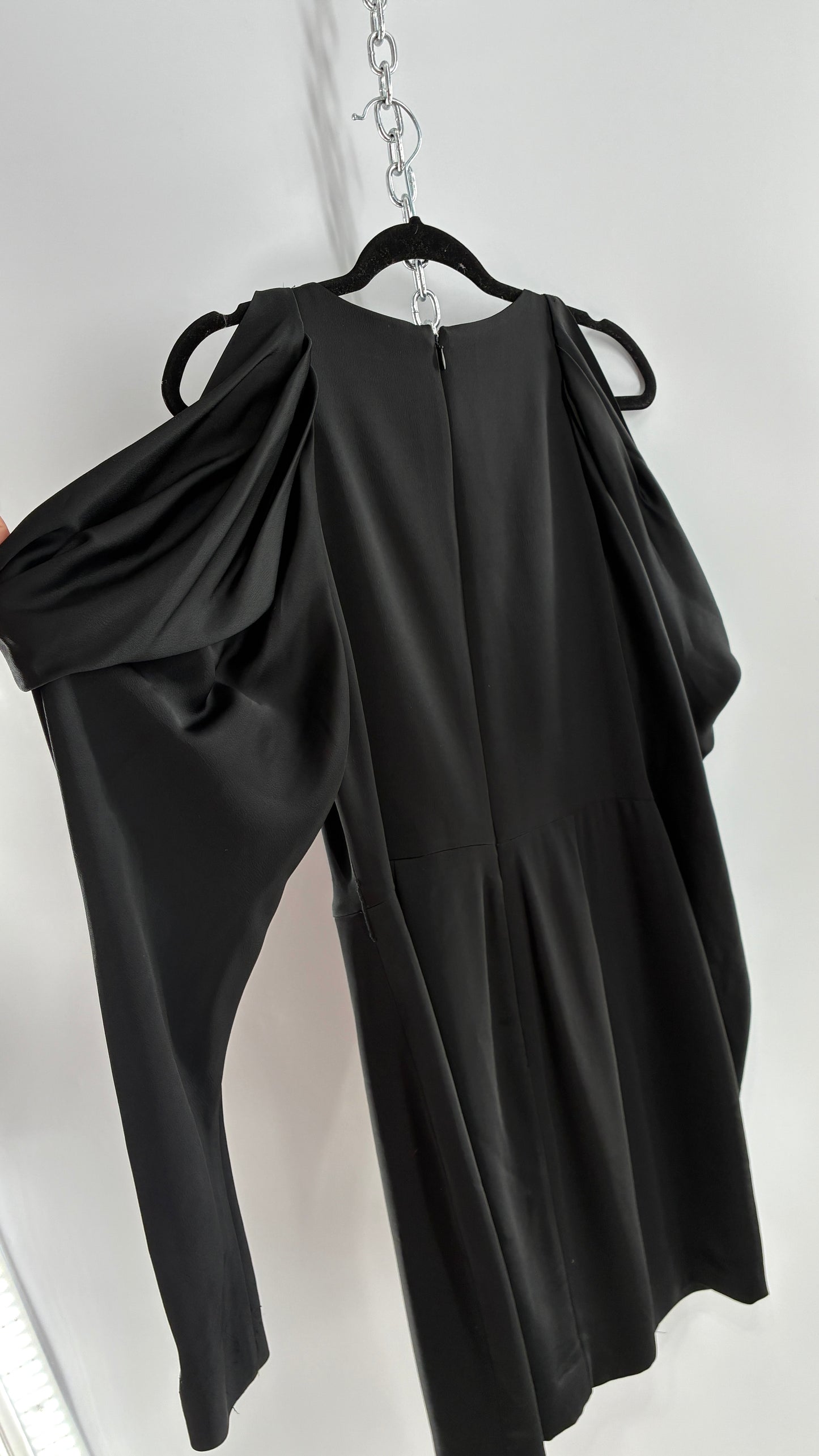 JONATHAN SIMKHAI Black Silky Mini Dress with Exaggerated, Draped Cold Shoulders (8)