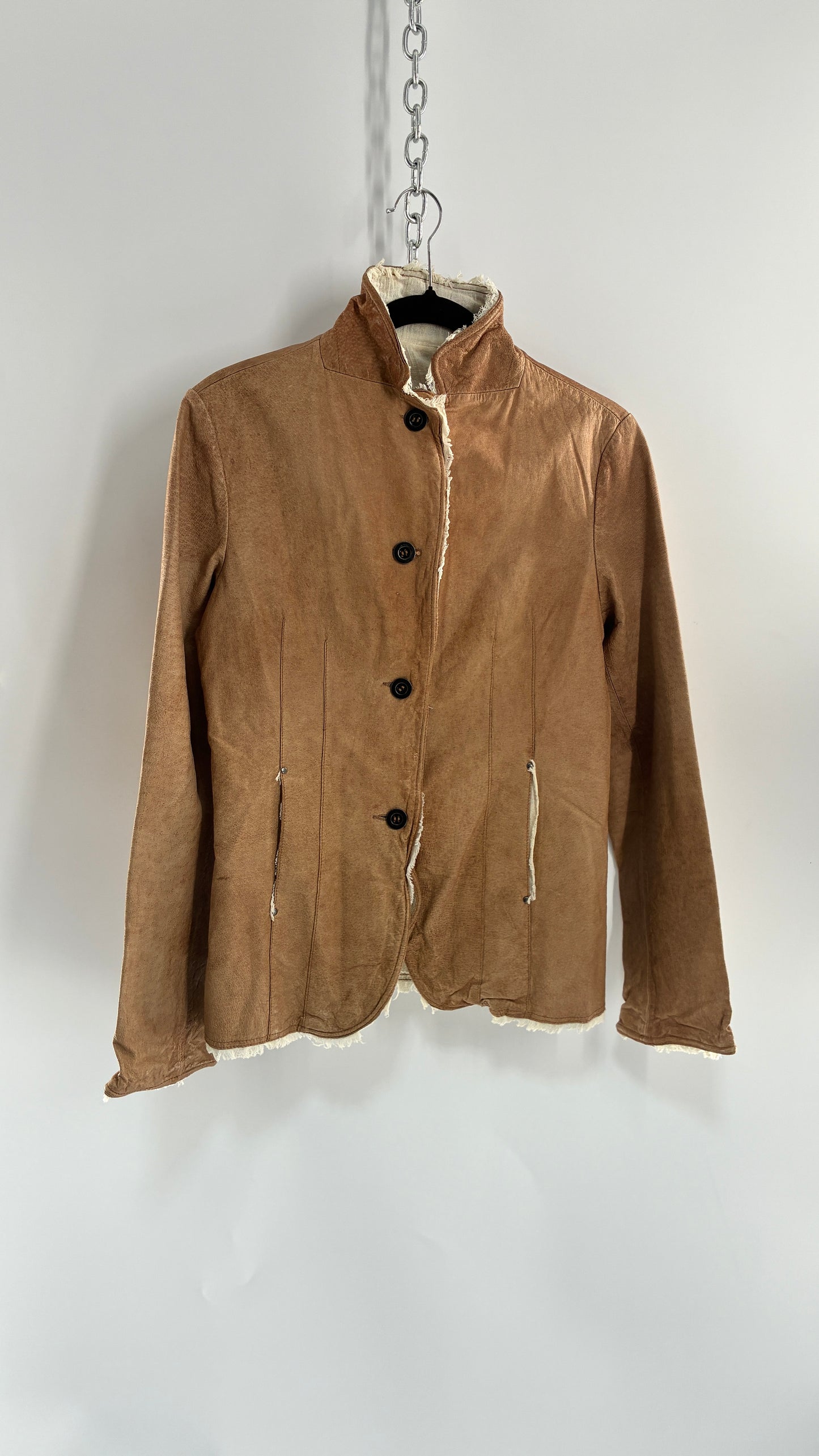 Vintage JAKETT Tan Leather Jacker with Cotton Raw Edge Trim+ Lining and buttoned Cuffs (Medium)