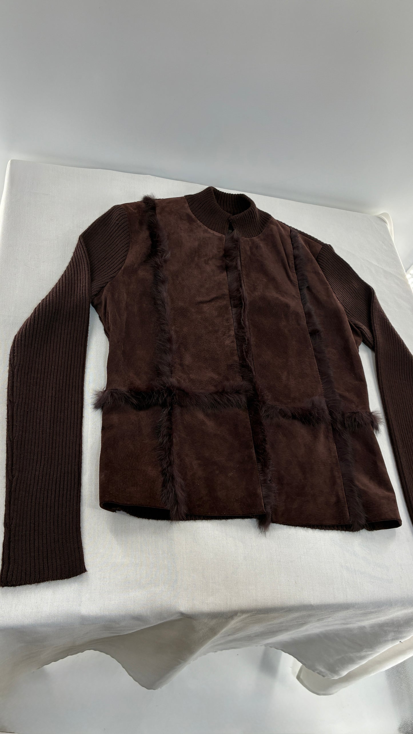 Vintage Brown Ribbed Jacket with Genuine Suede Leather Paneling and Rabbit Fur Trim (Medium)