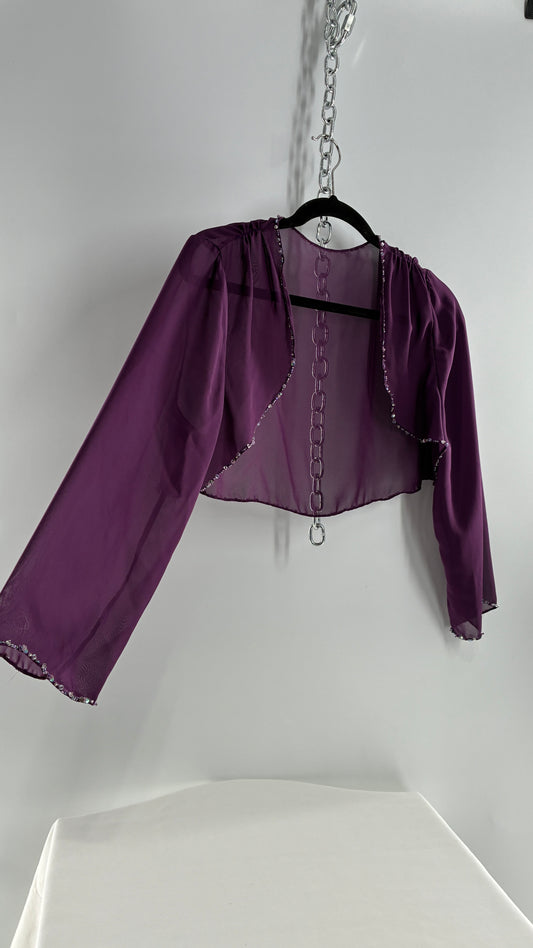 Vintage 1990s Purple Sheer Shrug with Iridescent Beaded Cuffs and Hem (M/L)