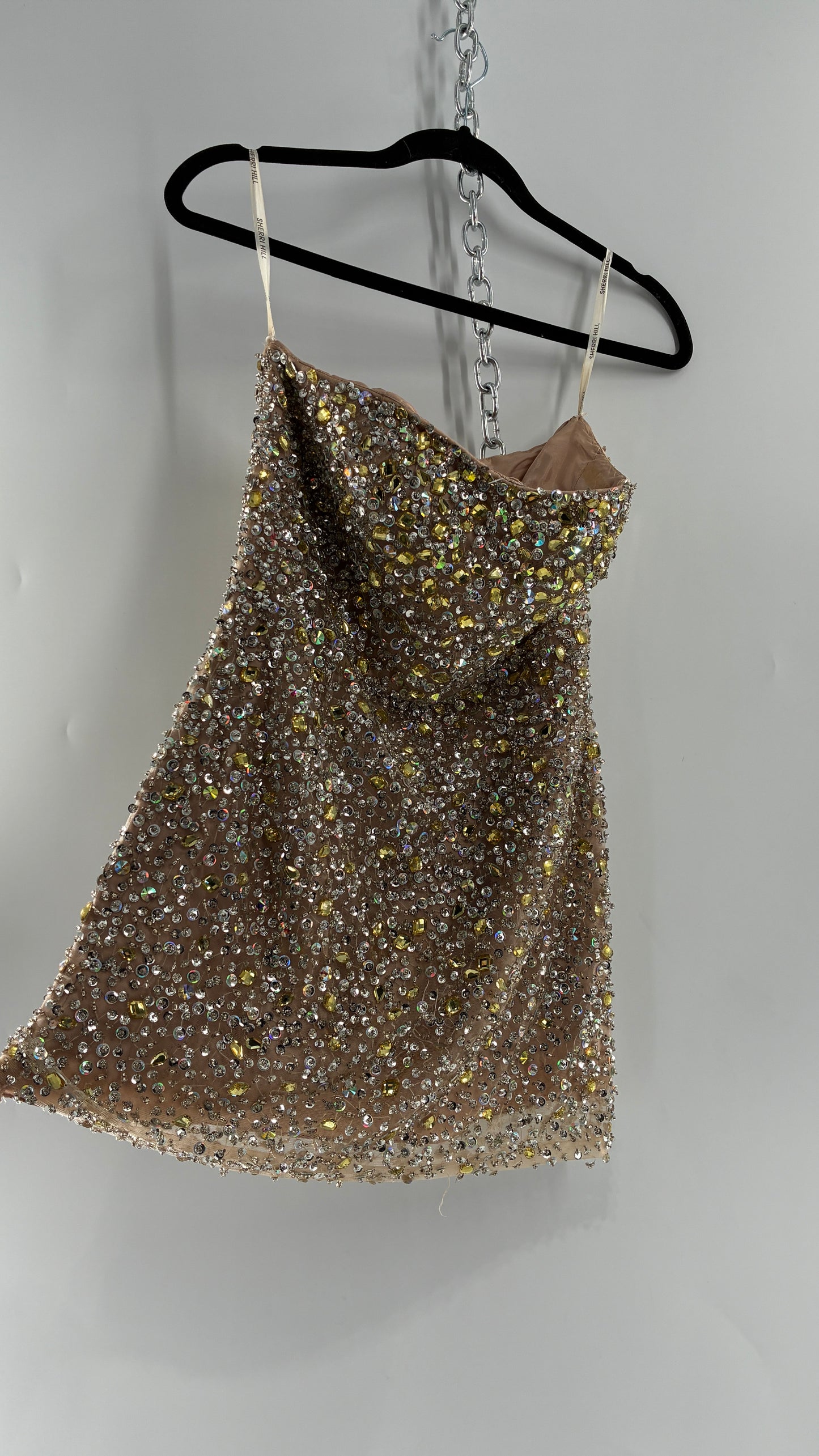 Vintage SHERRI HILL Nude Tan Underlay Mini Dress, Full Bedazzled and Covered in Beads  (6)