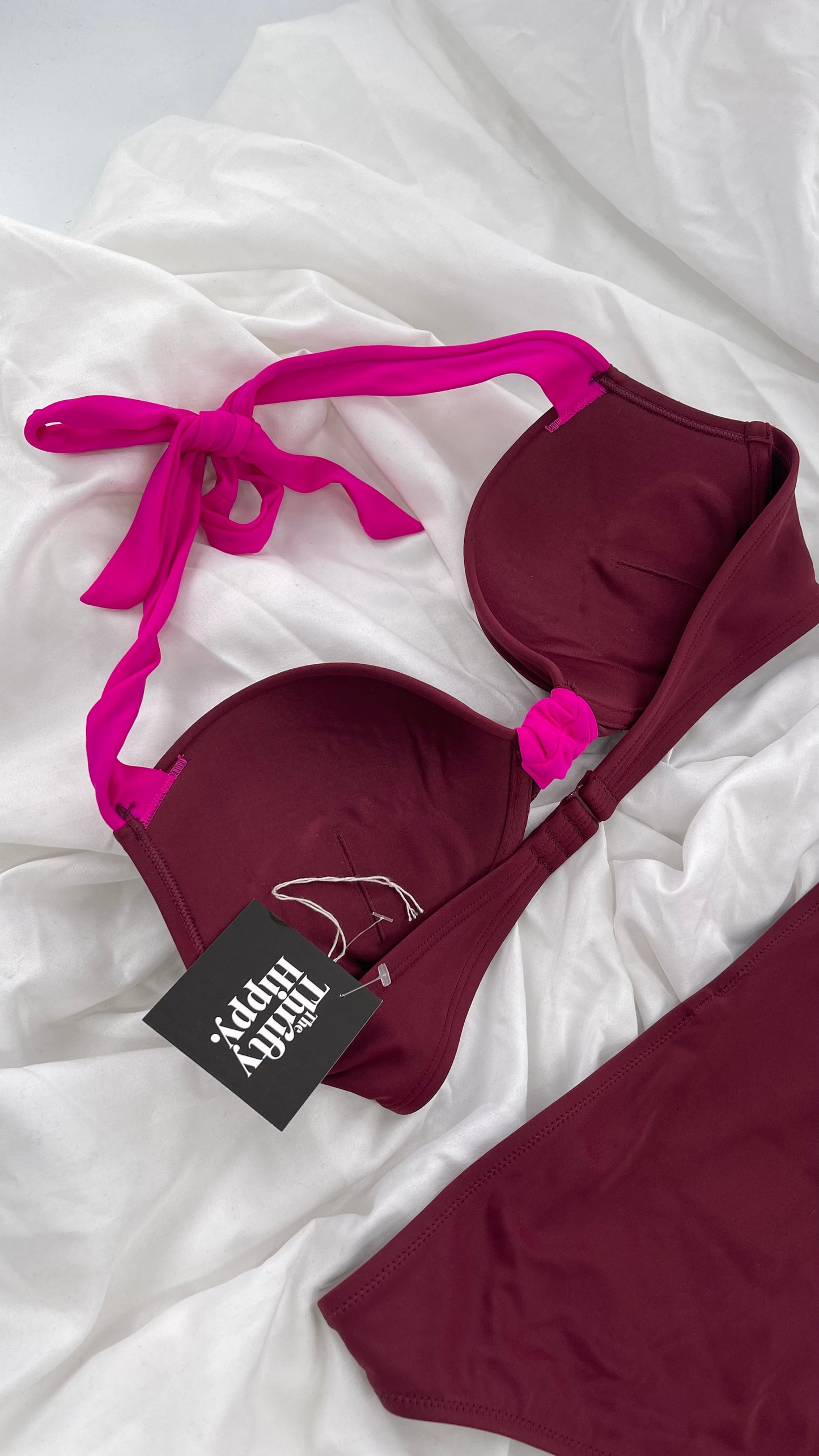 AERIE Burgundy Padded Underwire Swim Top Set with Fuchsia Details (36C/L Bottoms)