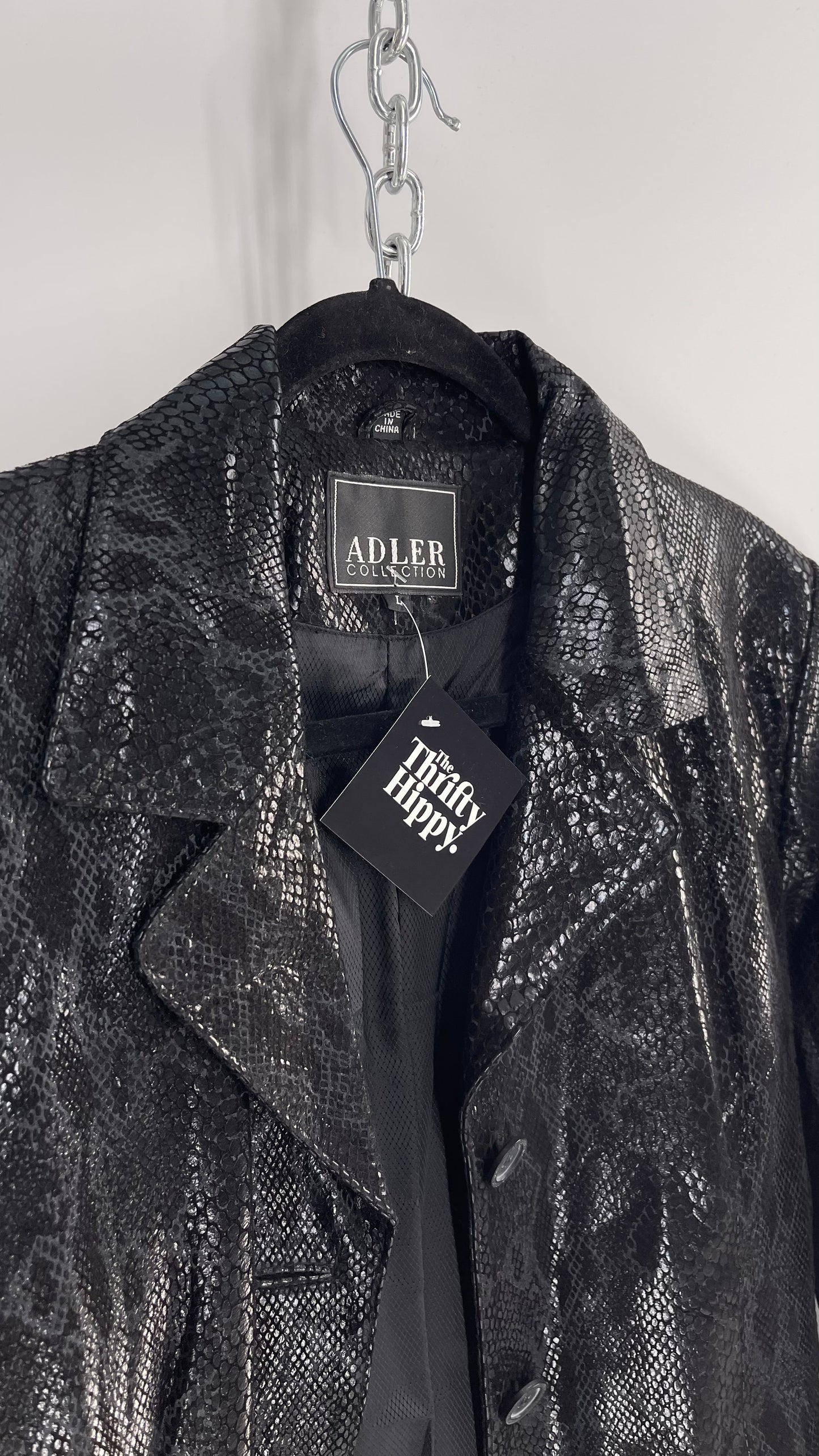 Vintage ADLER Black Genuine Leather Snake Embossed Coat (Large)