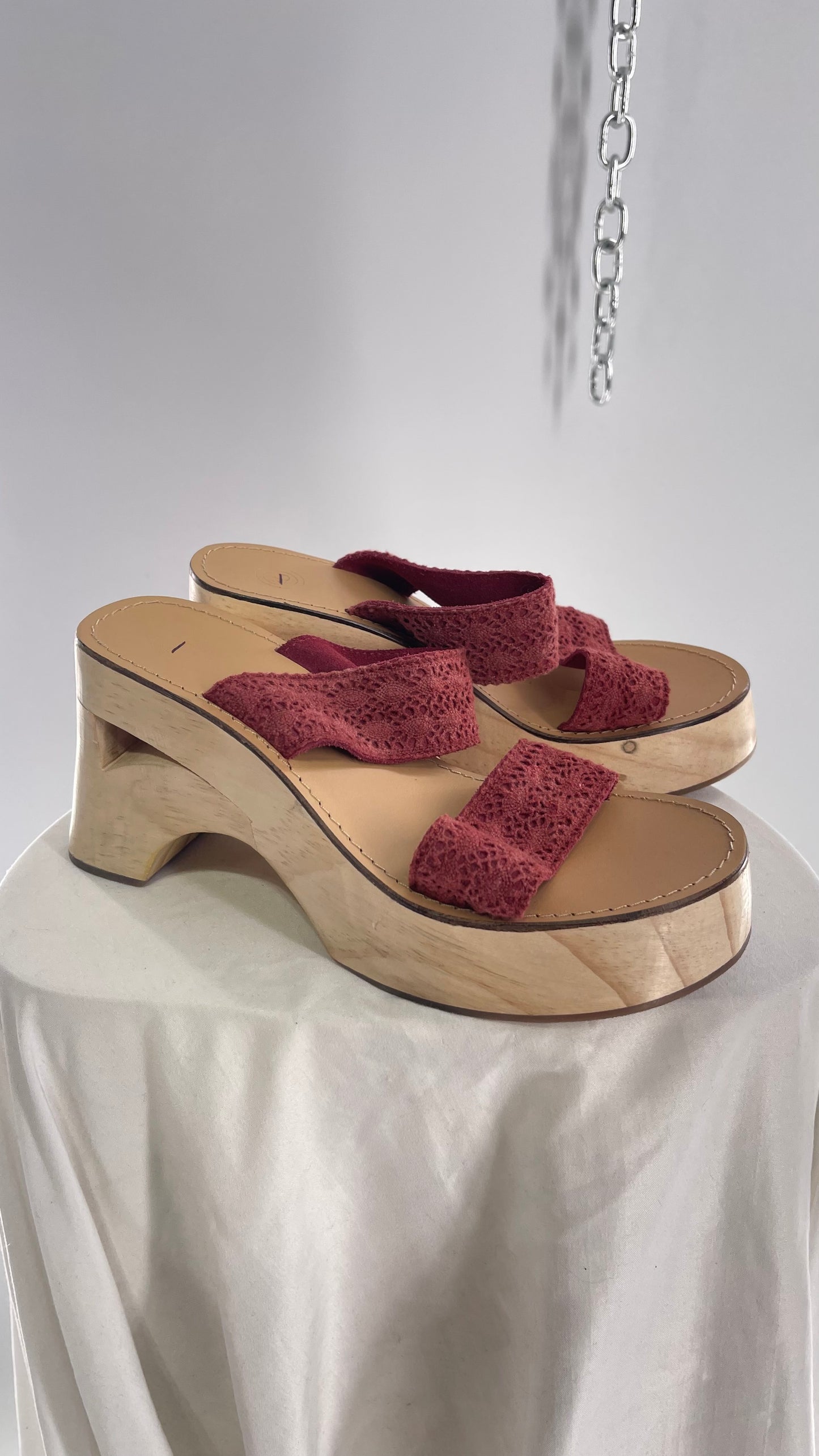 Urban Outfitters Wooden Clog with Leather and Lace Maroon Red Straps (6)