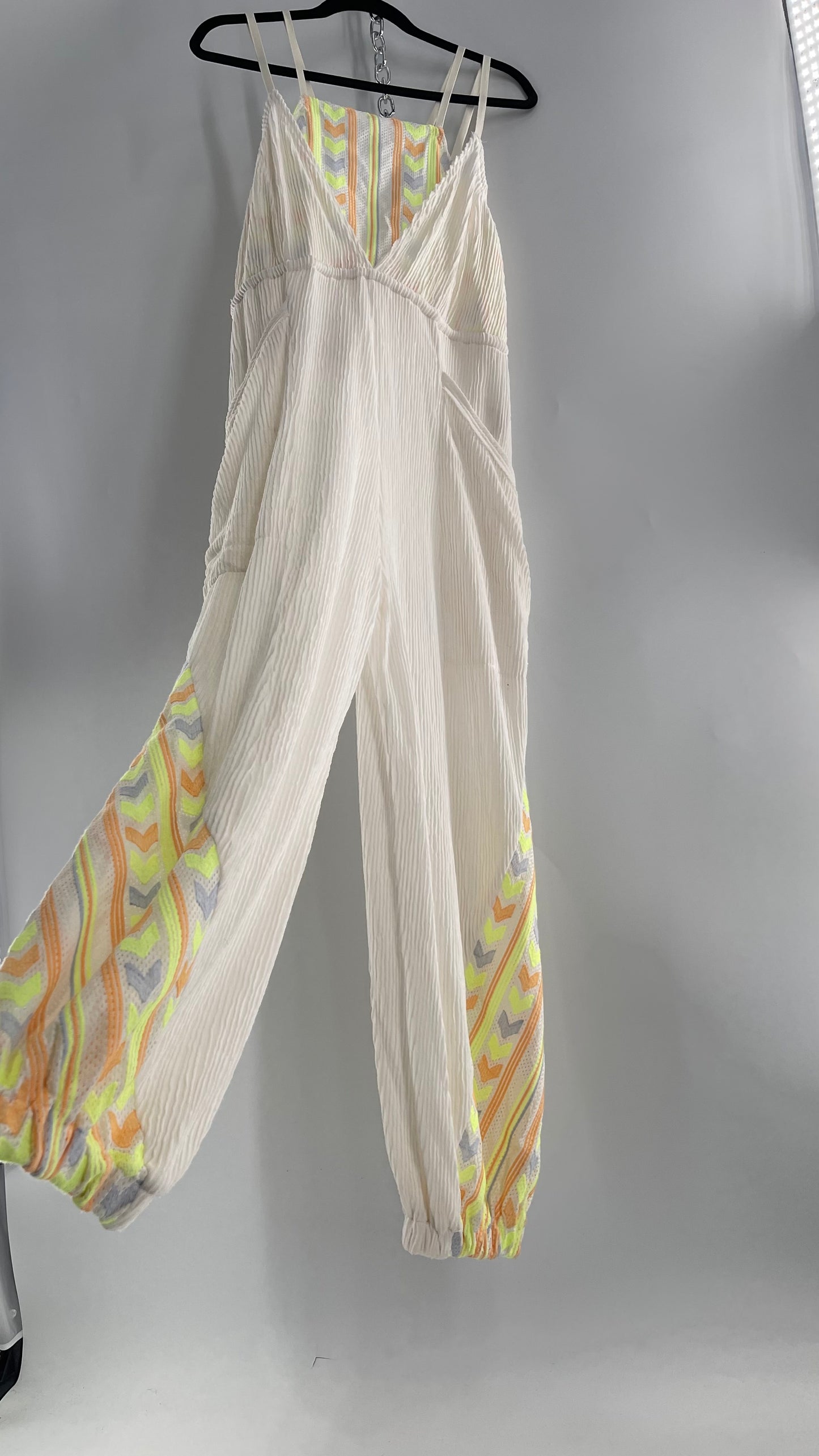 Free People Movement Cream Ribbed Jumpsuit with Yellow/Orange Embroidered Details and Waist Cinching Drawstring (Small)