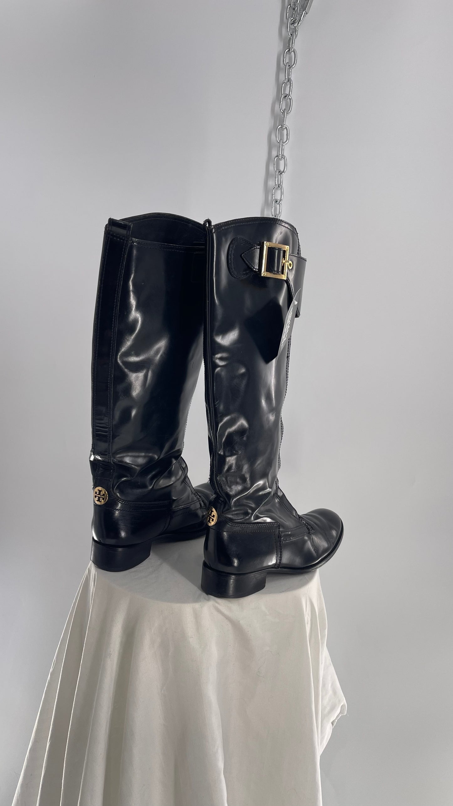 Vintage Tory Burch Patent Leather Bronze Zipper Front Riding Boots (8)