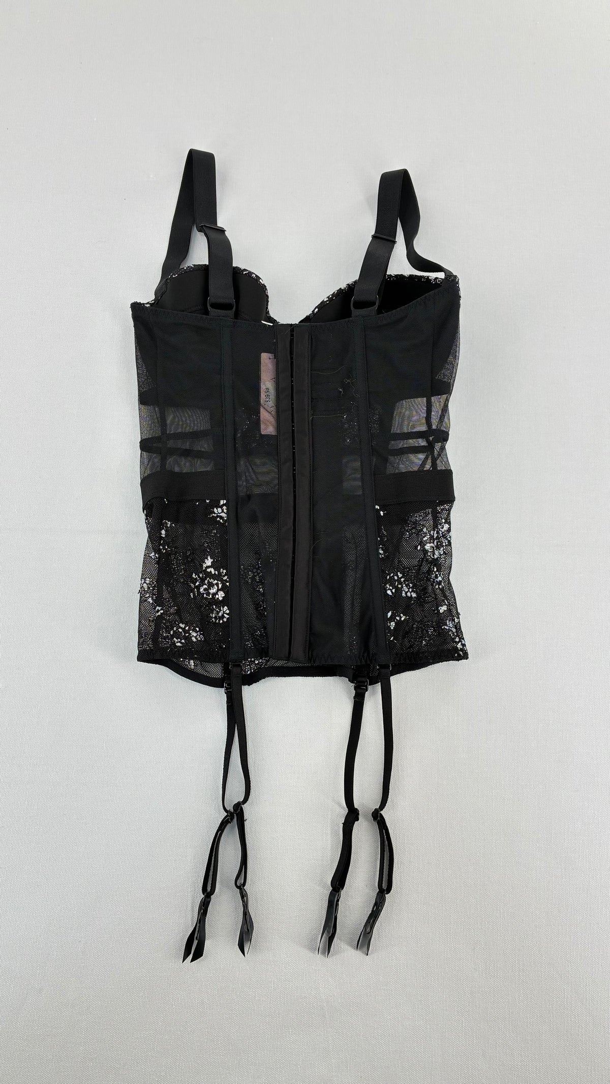 Deadstock Vintage VICTORIA’S SECRET Black and Silver Mesh, Lace Corset with Tags Attached (32C)