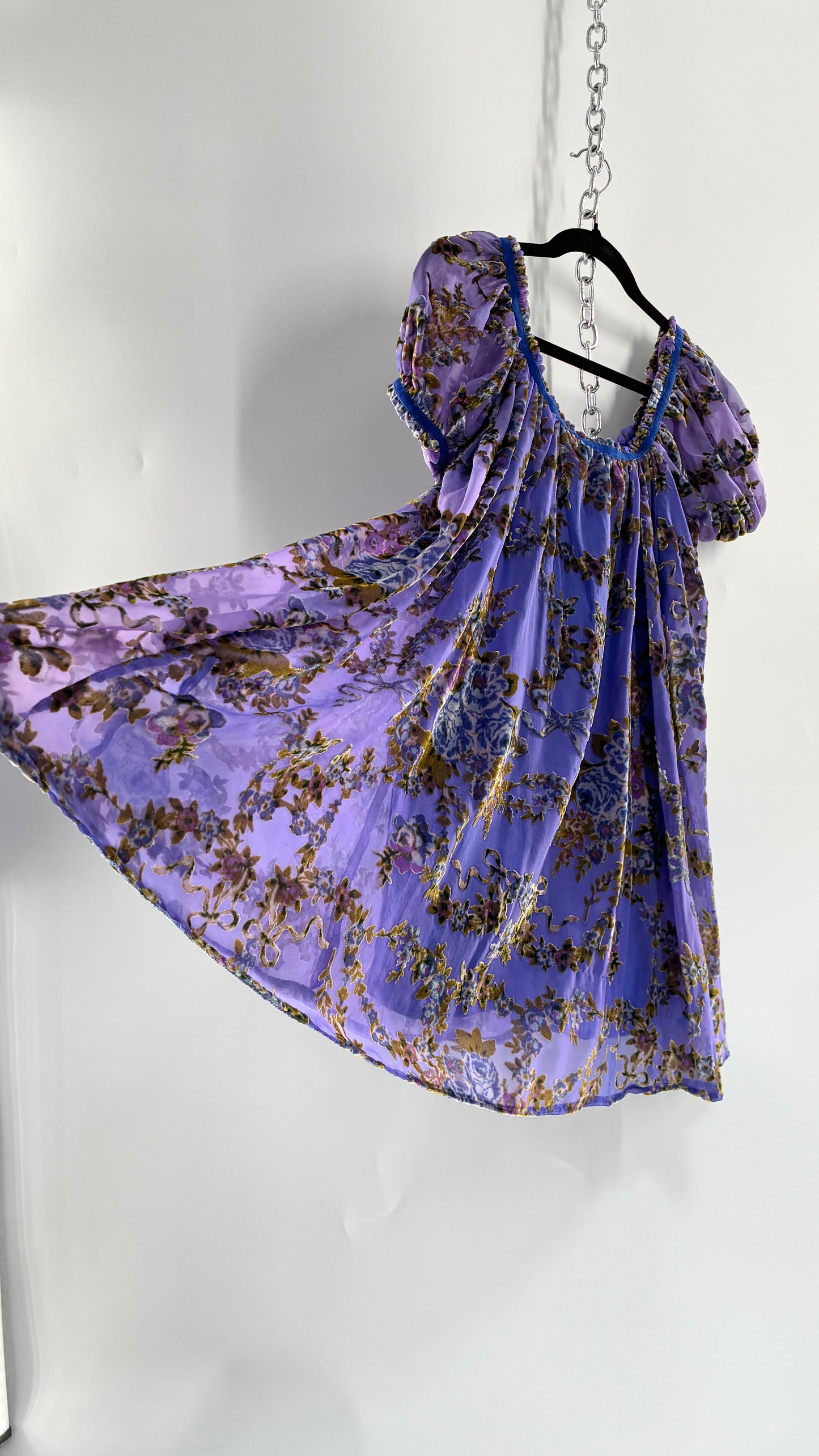 Free People Royal Blue Velour Floral and Bow Puff Sleeve Babydoll Mini Dress (XS)