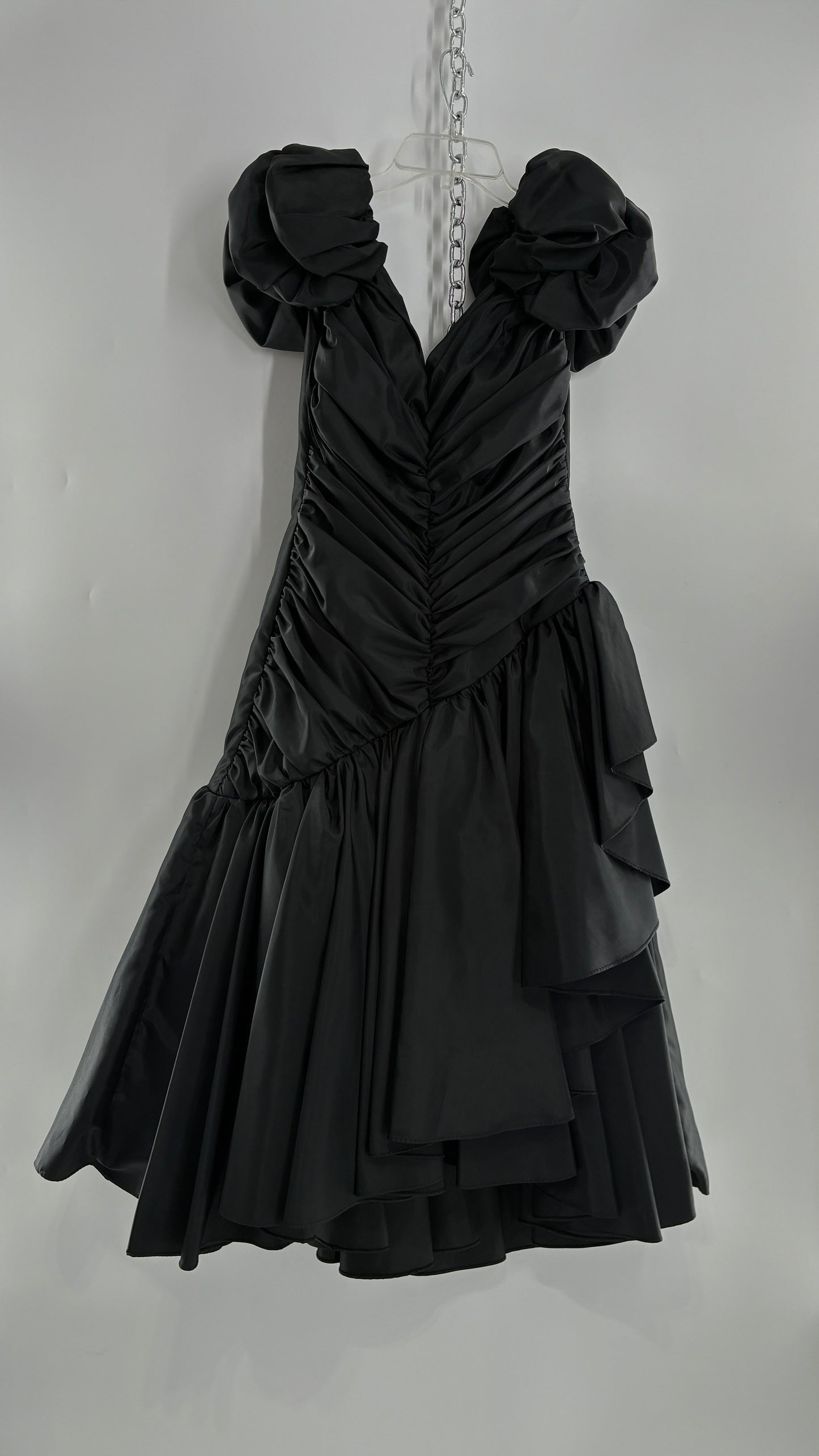 Vintage 1980s Black Gown with Ruched Bodice, Exaggerated Puff Sleeves, and Tiered Skirt (Measured)