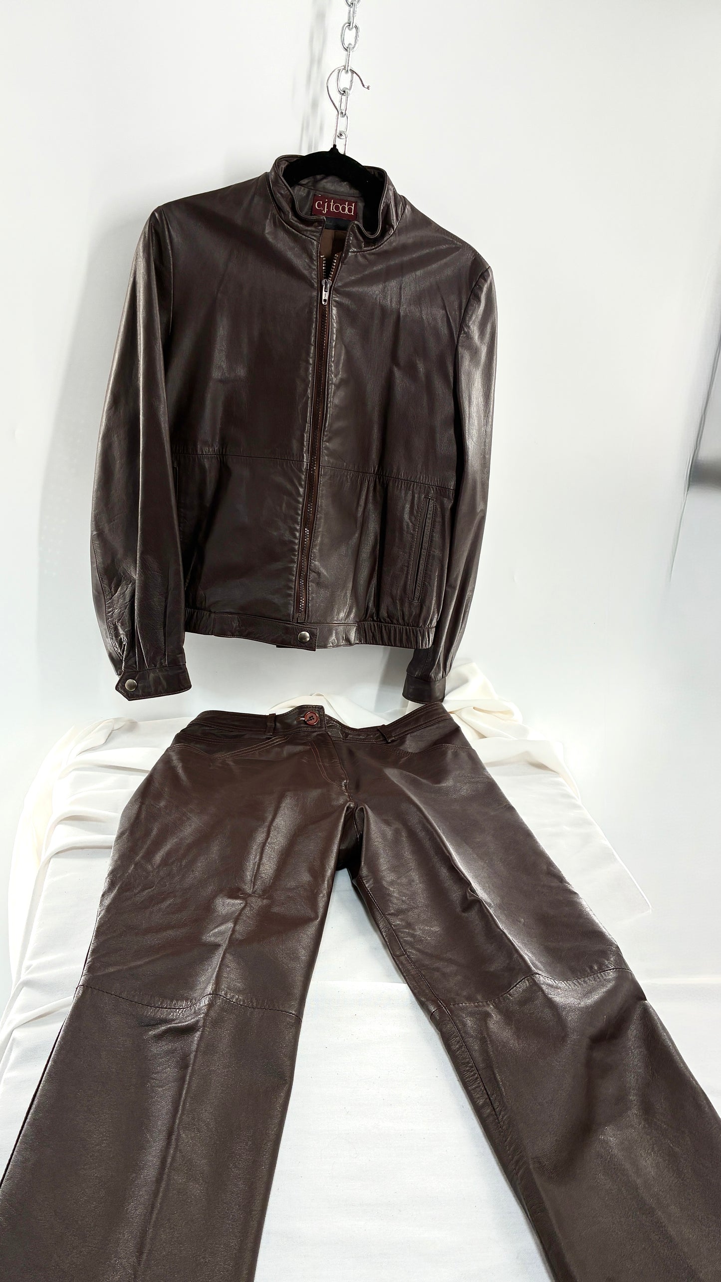 Vintage JORDACHE X CJ TODD Chocolate Brown Genuine Leather Trouser Moto Jacket Set (Small)