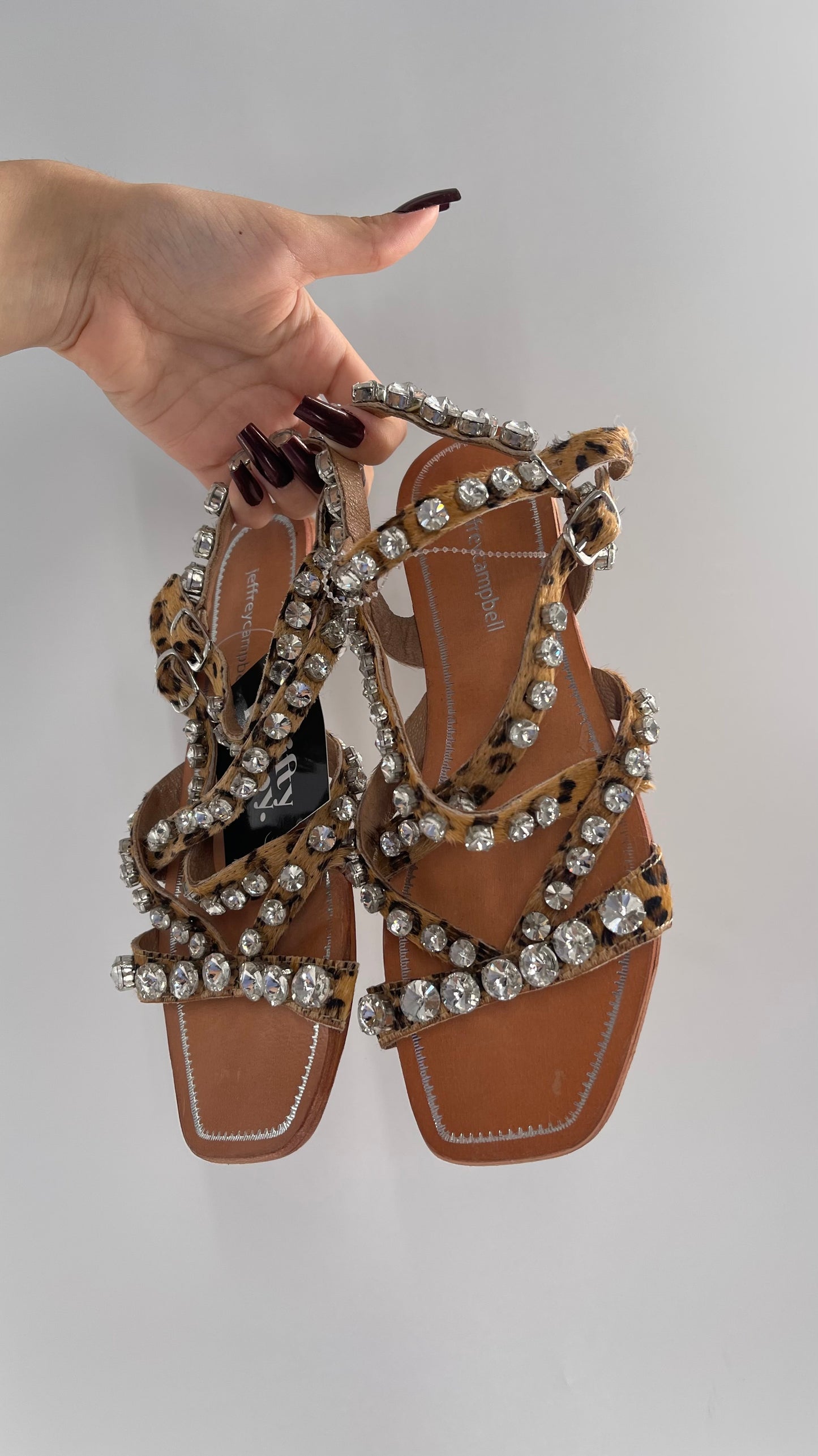 Jeffrey Campbell Rhinestone Encrusted Strappy Sandal with Cheetah Printed Cow Fur Straps (7)