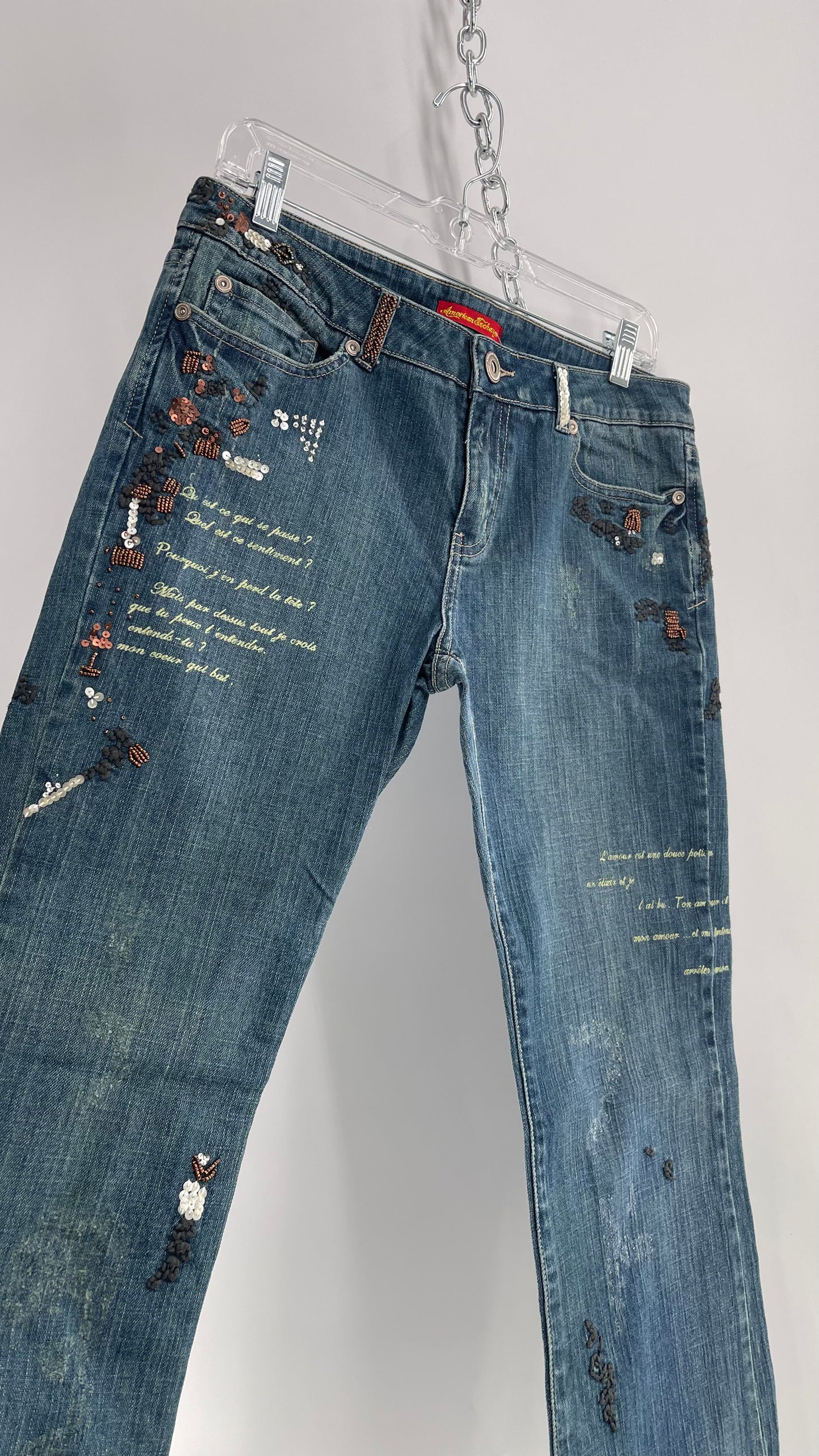 Vintage 1990s American Exchange Embroidered, Beaded Jeans with Distressing and Fade (30)