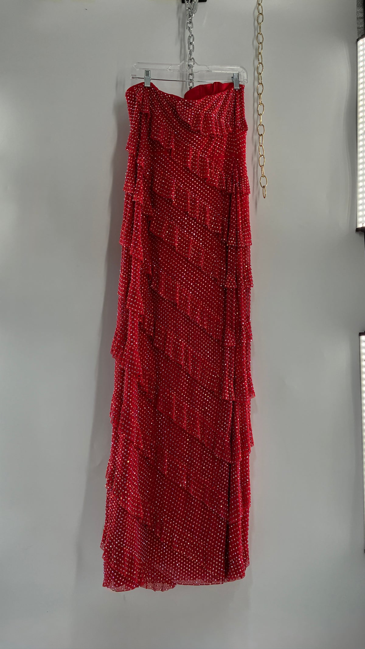 OH POLLY Red Ruffle, Heavy Gown Covered in Iridescent Rhinestones NWOT (14)