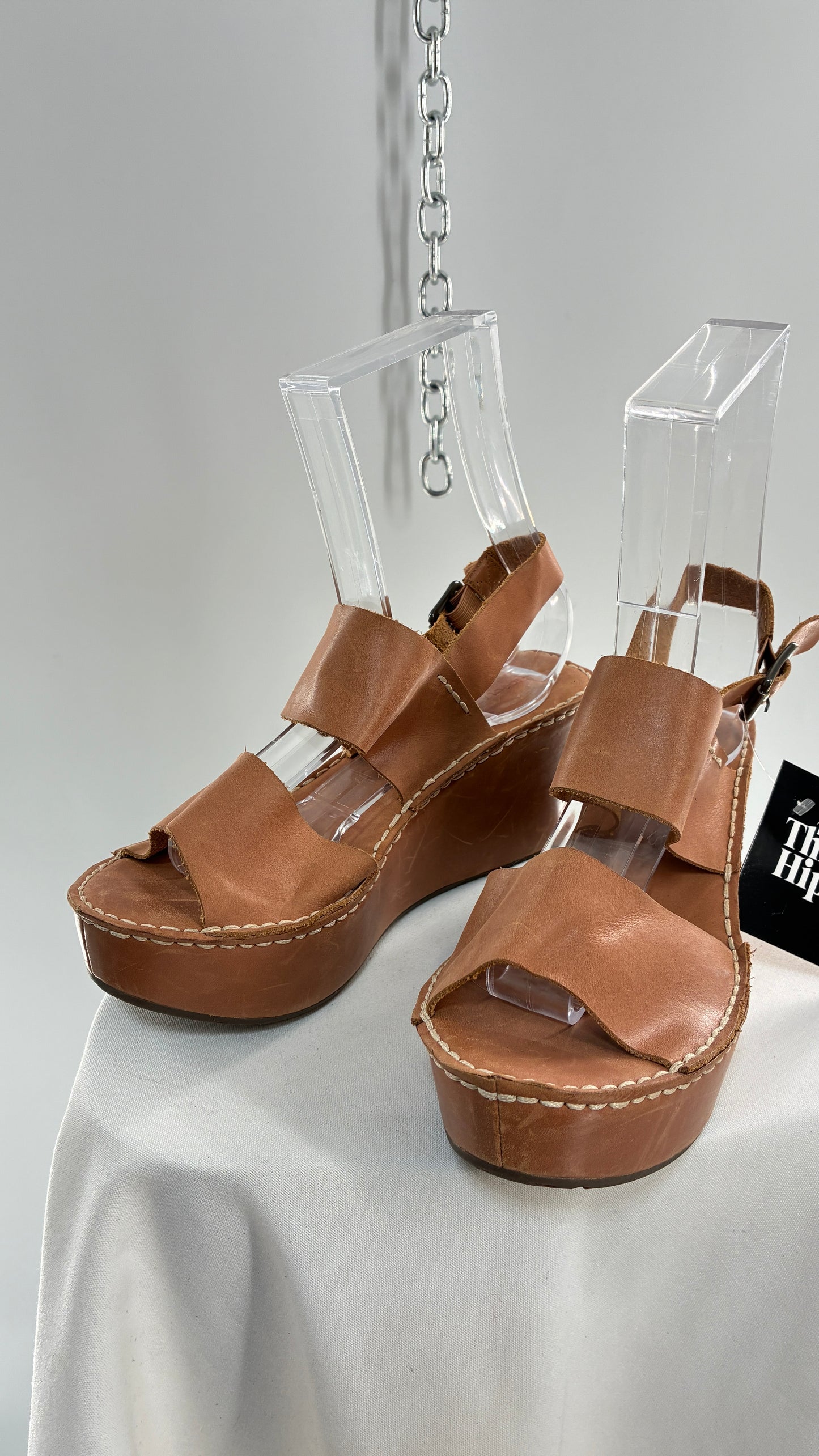 Chocolat Blu Tan Genuine Leather Wedge Platform Sandals (8.5)