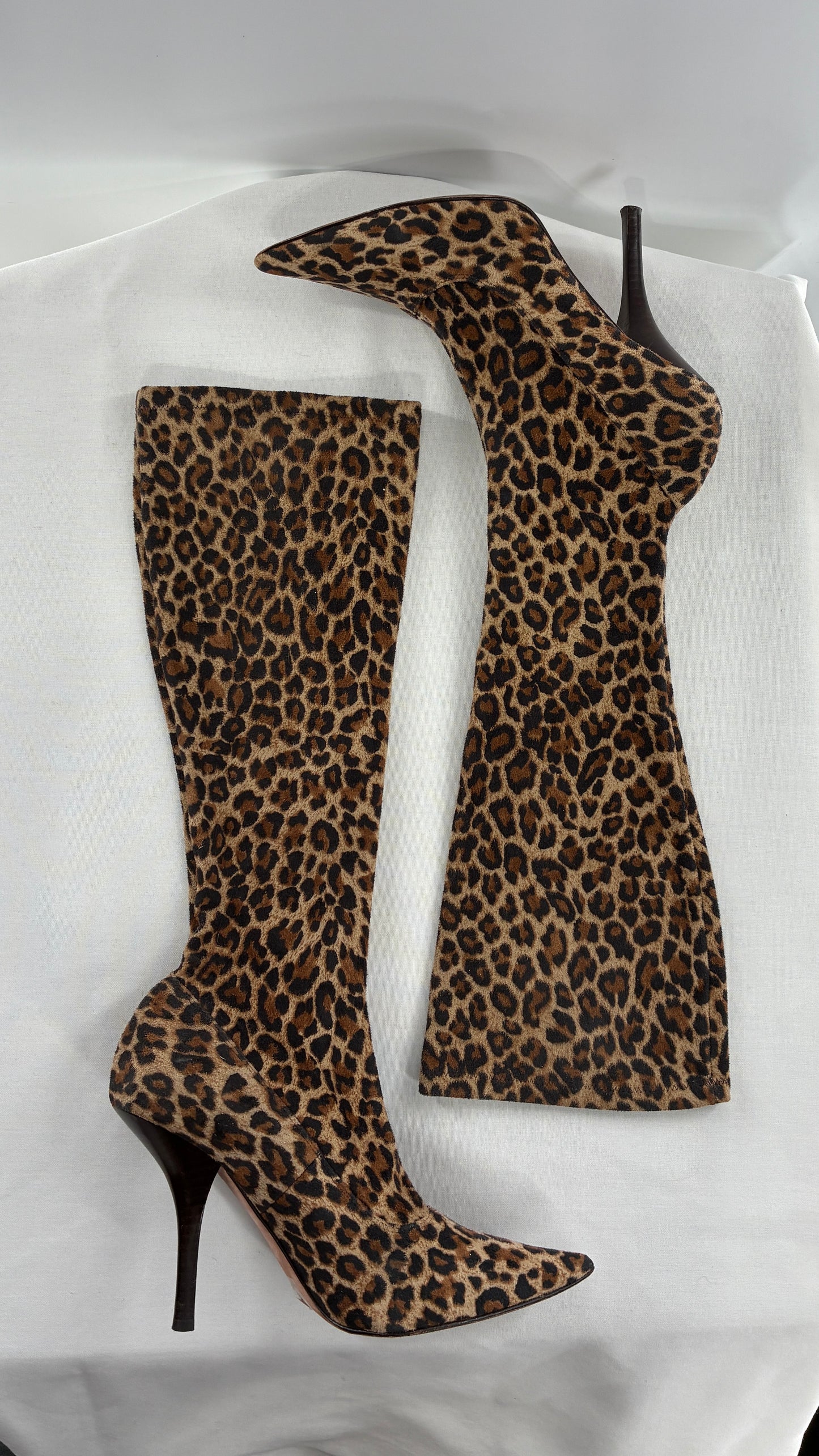 Vintage 1990s MARTINEZ VALERO  Cheetah Print, Pointed Toe, Skinny Heel Knee High Boots (8)