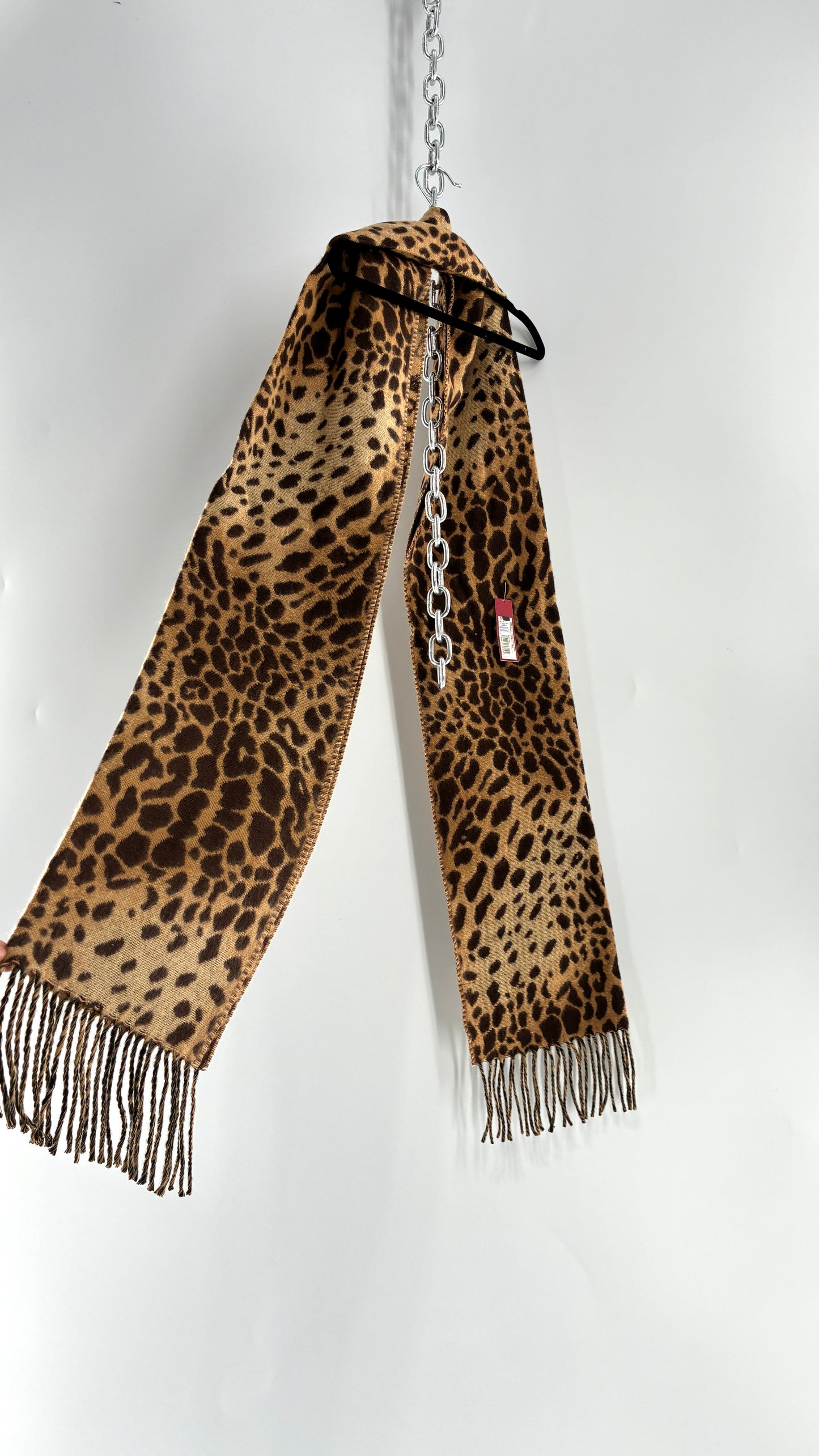 Deadstock Vintage Cheetah Printed Scarf with Fringed Ends and Tags Attached