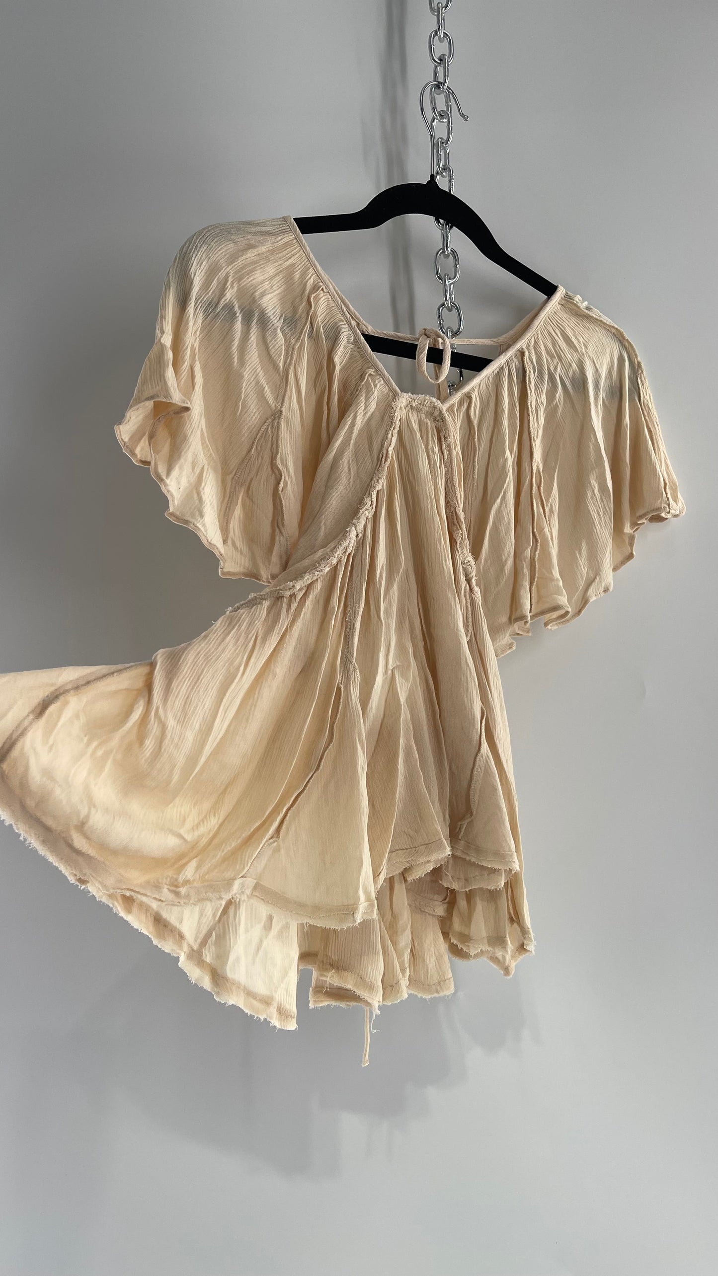 Free People Beige Open Back Drape Sleeve Blouse (XS)