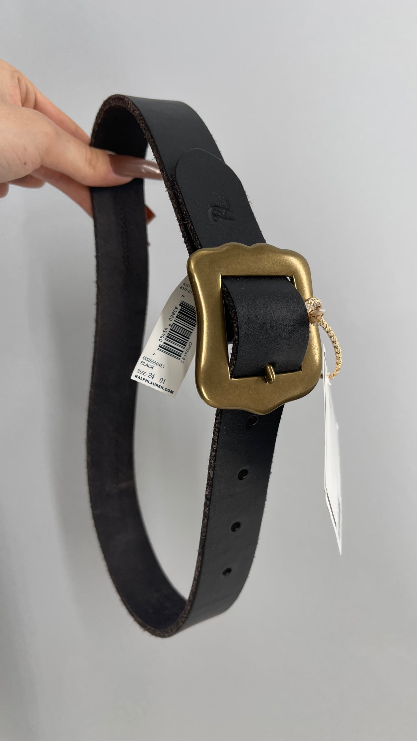 Vintage Ralph Lauren Black Genuine Leather Belt With Brass Buckle (24)