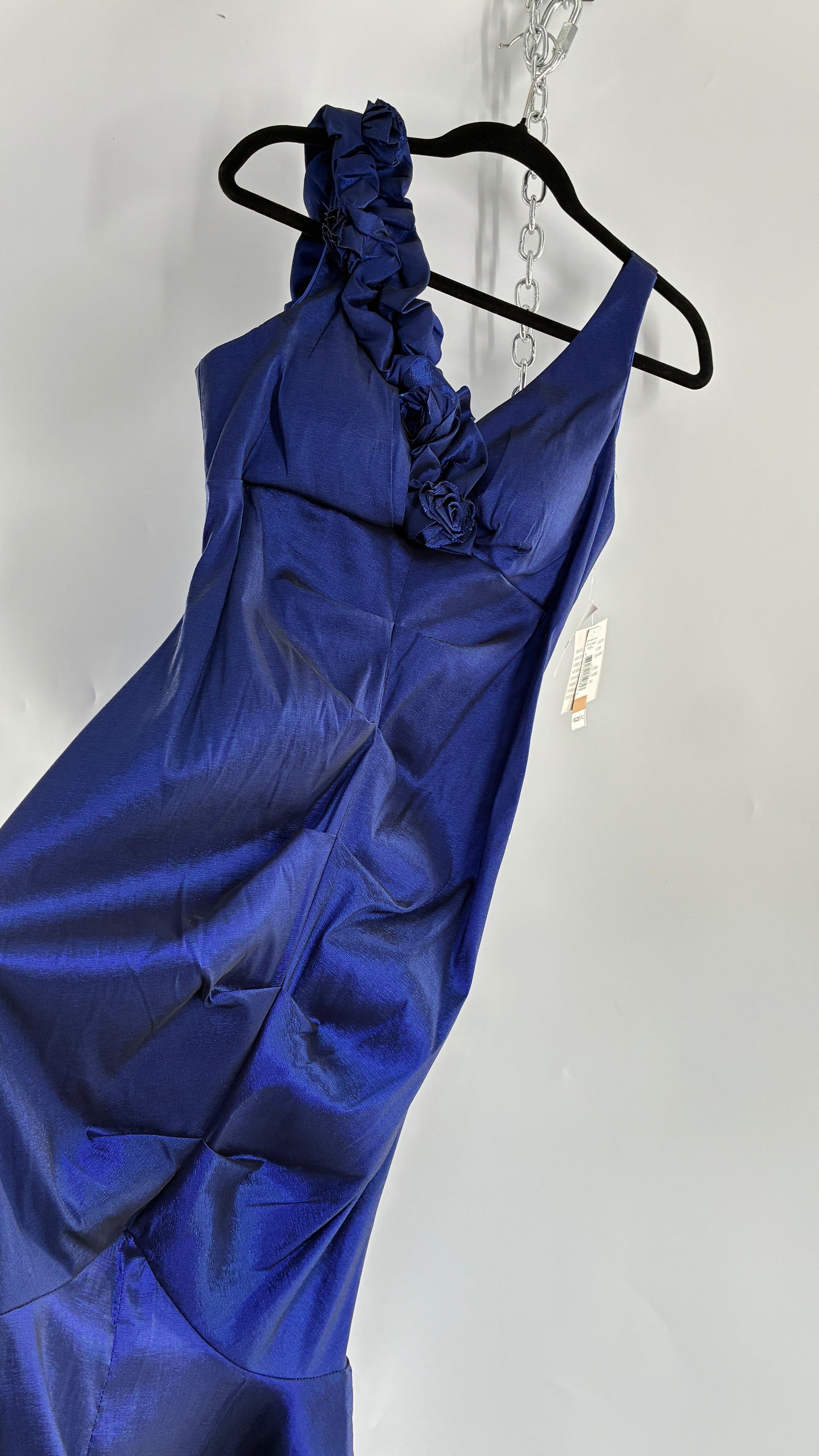 Deadstock Vintage Iridescent Metallic Taffeta Royal Blue Ruched Bodice and Floral Appliqué Gown (12)