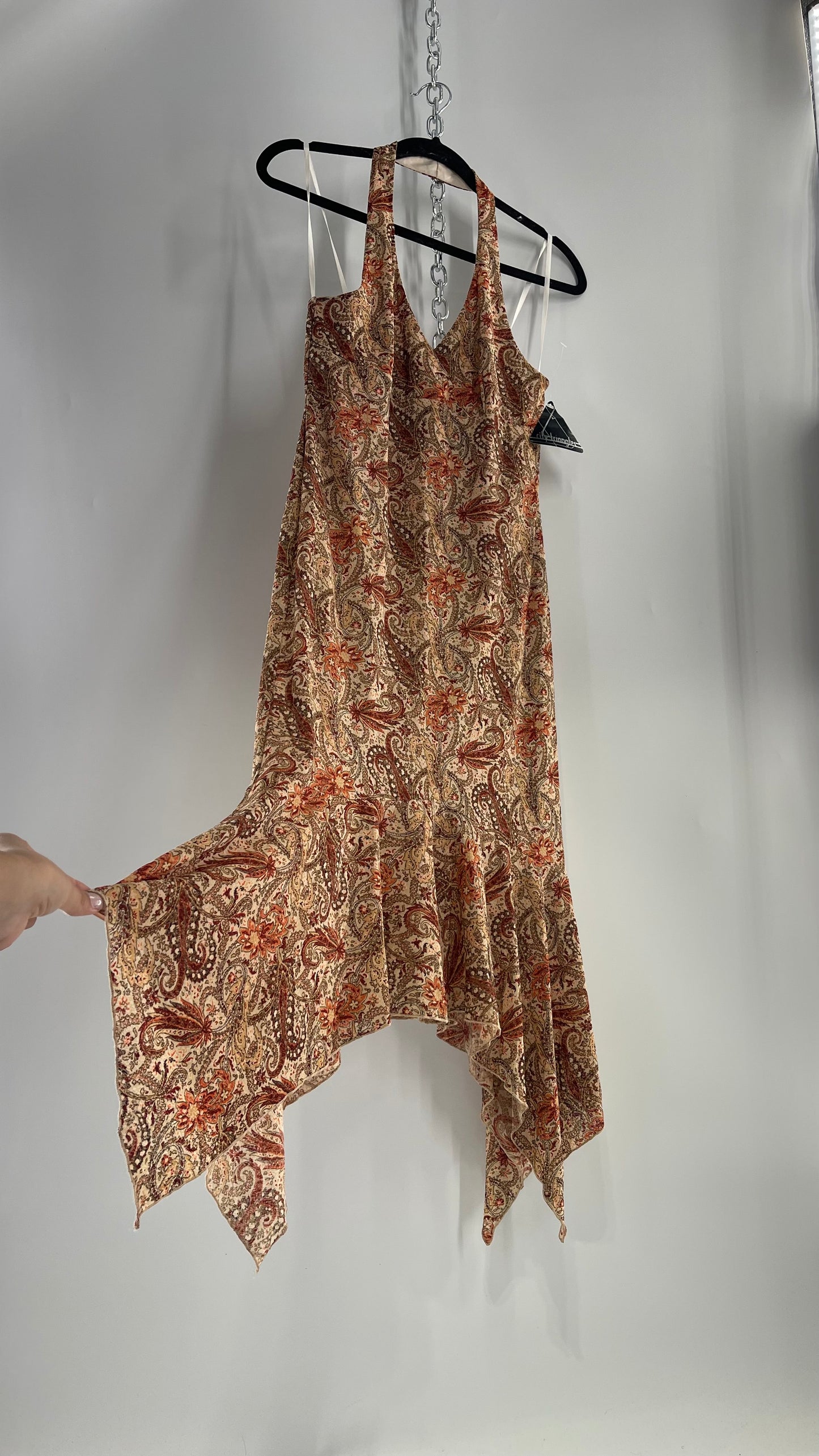 Deadstock Vintage City Triangles Halter Autumn Orange/Tan Toned Handkerchief Hem Midi Dress with Tags Attached (Large)