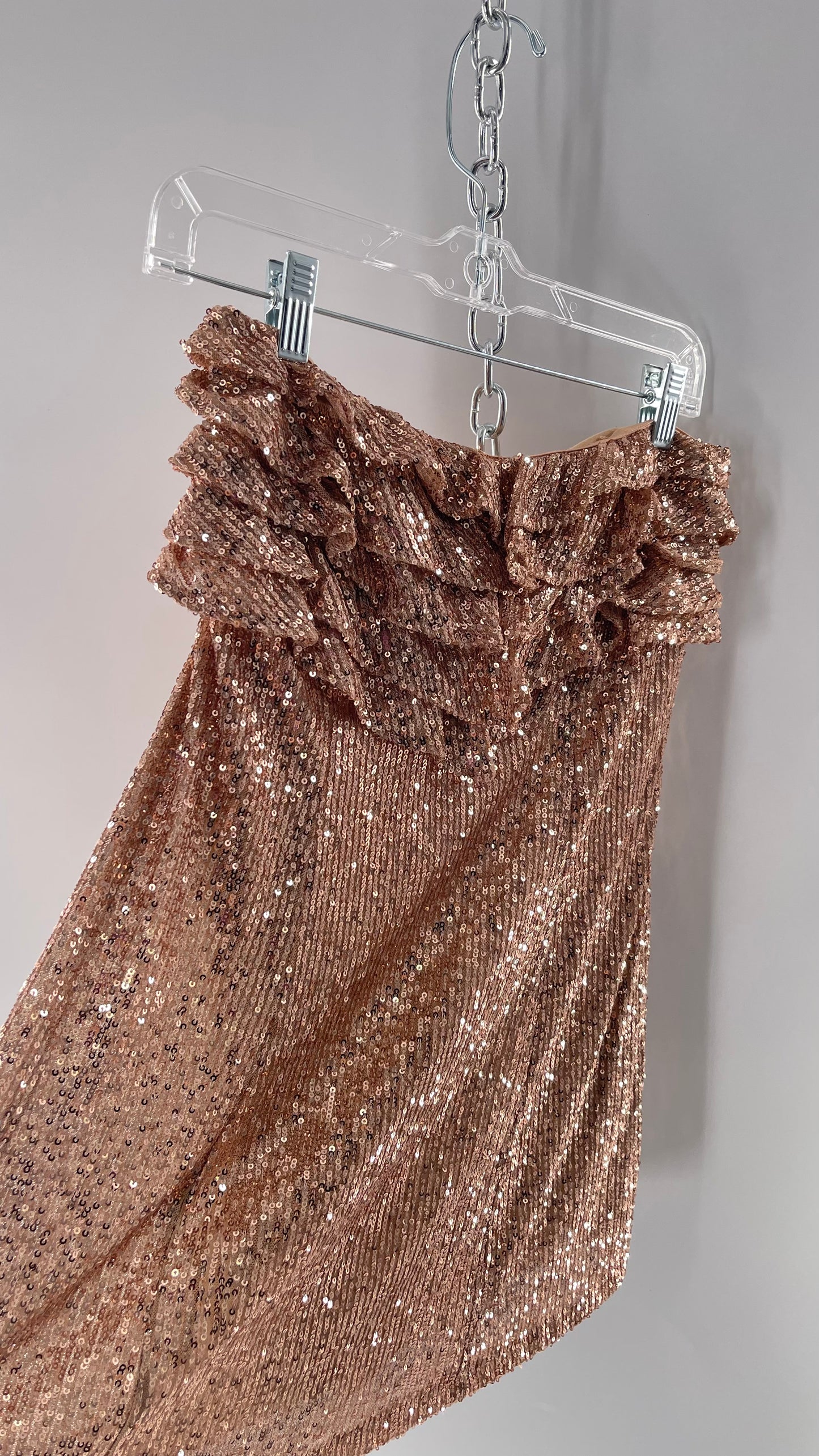 Free People Rose Gold Sequin Mini Dress with Ruffled Bust and Statement Back Zipper (4)