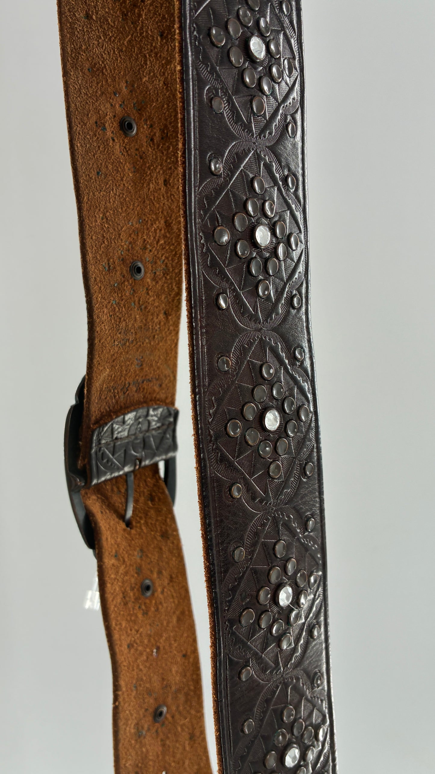 Vintage Abercrombie & Fitch Brown Leather Embossed Belt with Rhinestone Details (Small)
