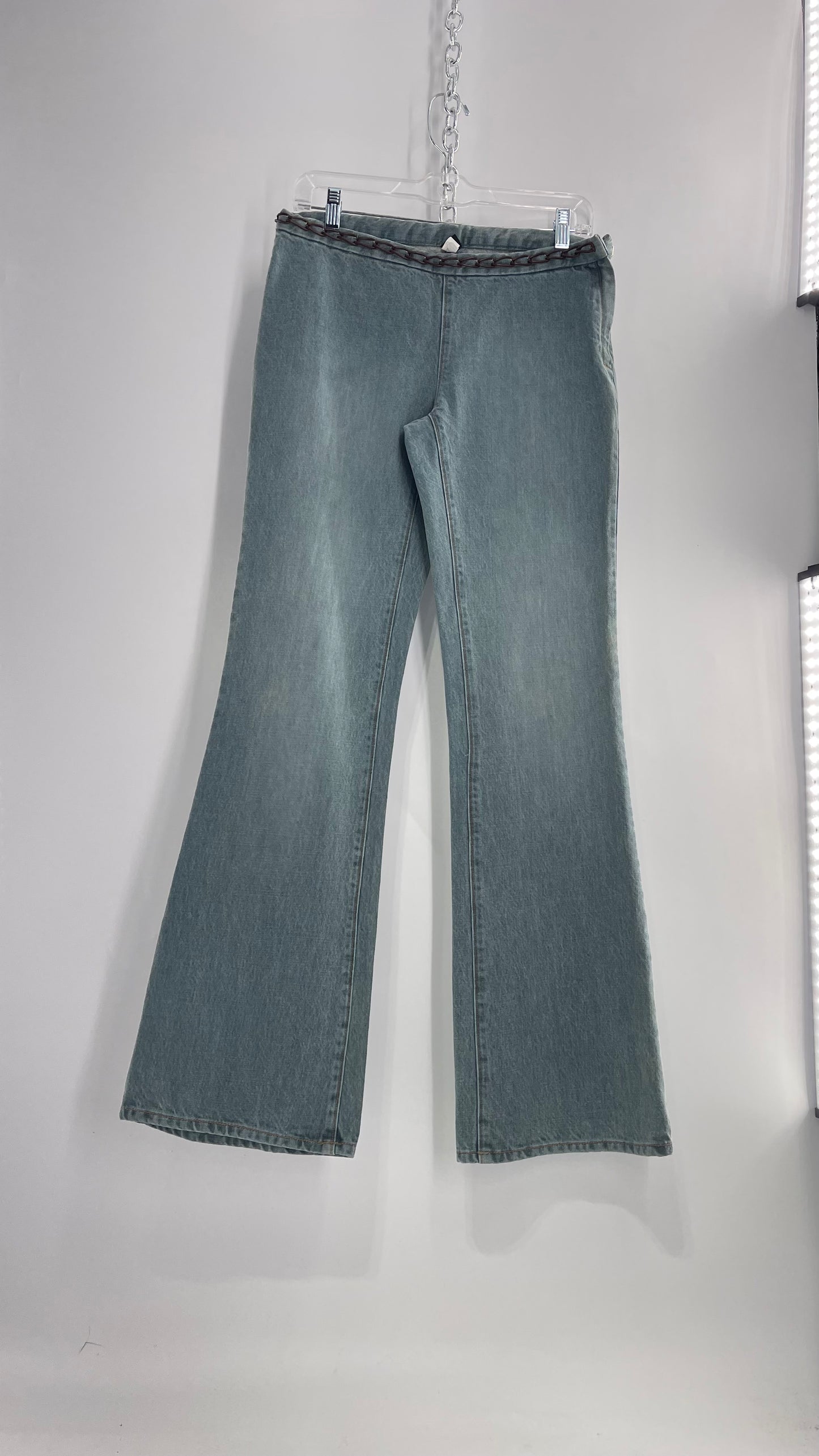 Vintage GAP Light Wash Denim Kick Flares with Bronze Chain Link Waistline (2)