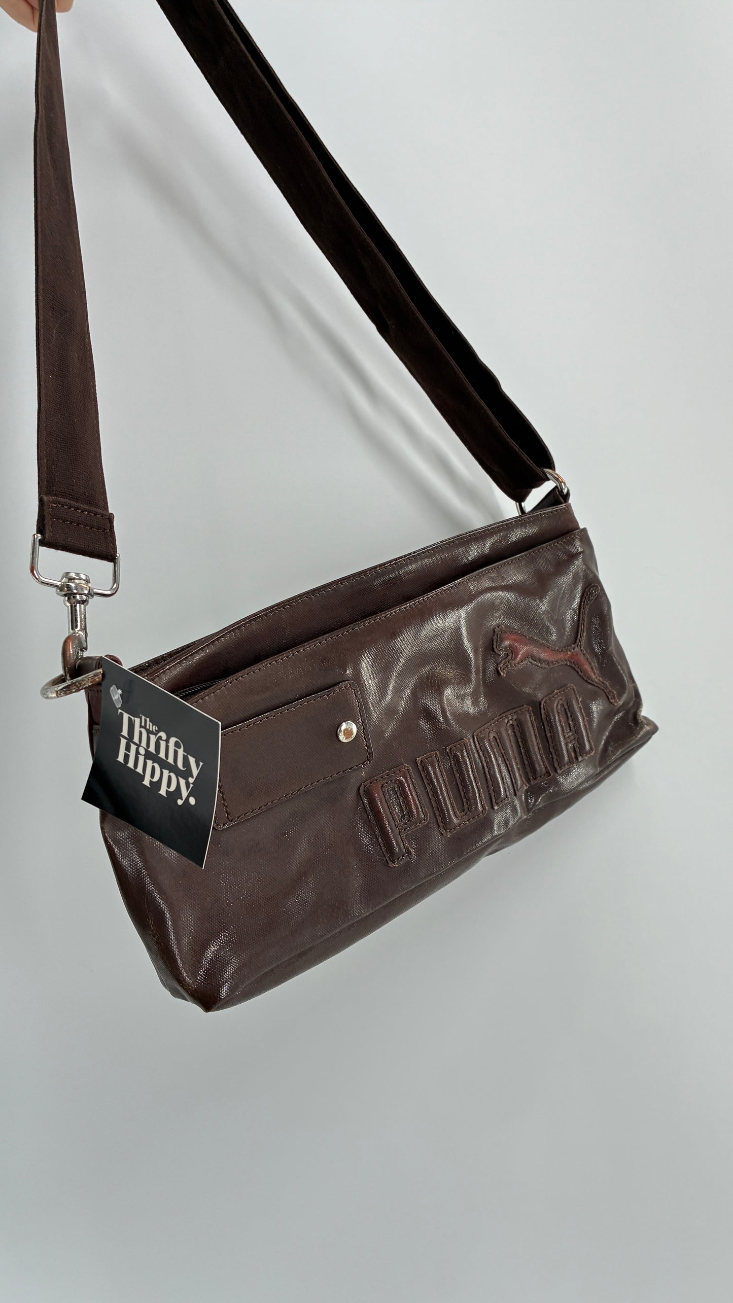 RARE Distressed Vintage PUMA Shoulder Purse, Brown W/ Iconic Logo