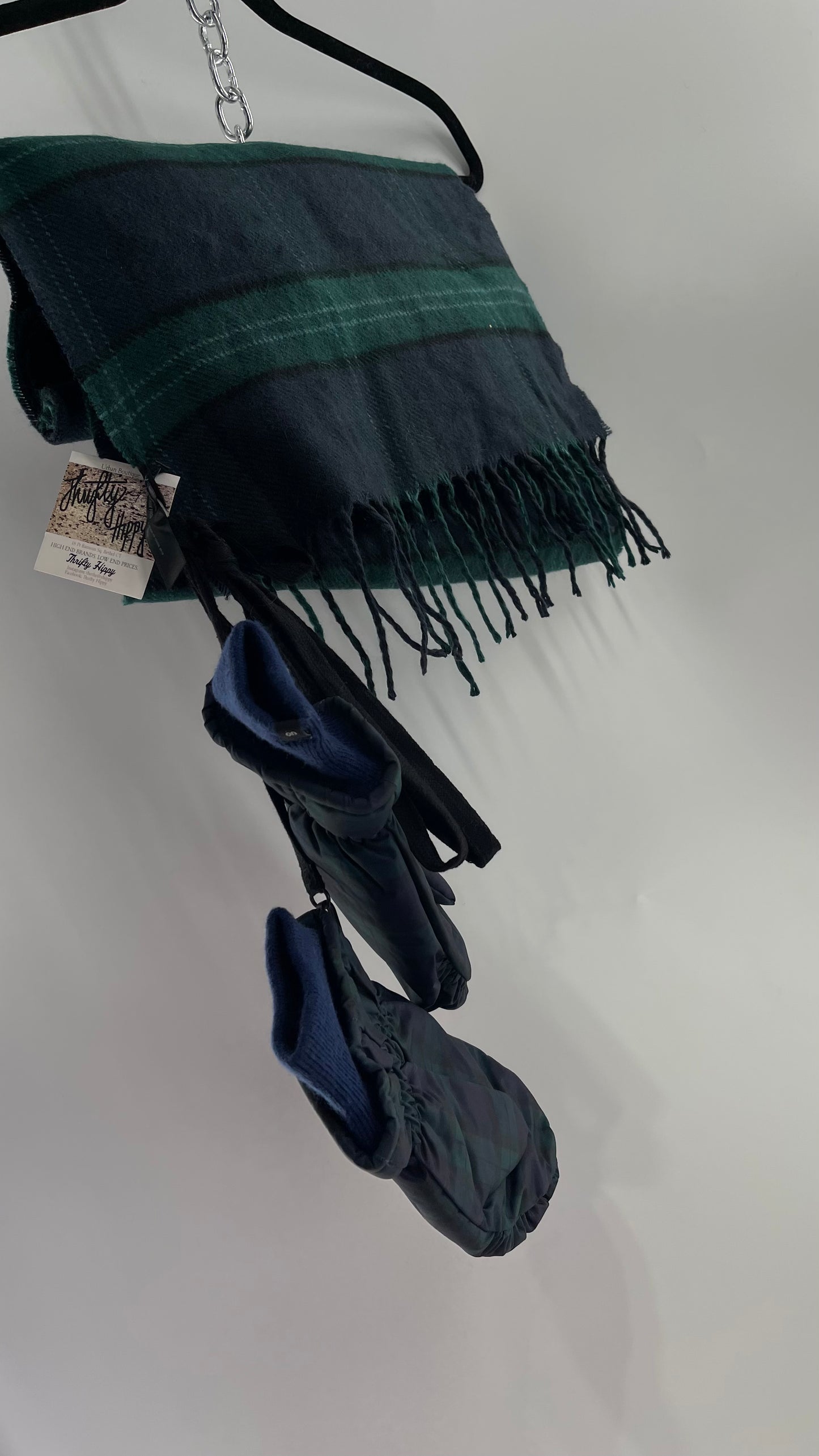 Urban Outfitters Plaid Navy Green Scarf and Matching Glove Set