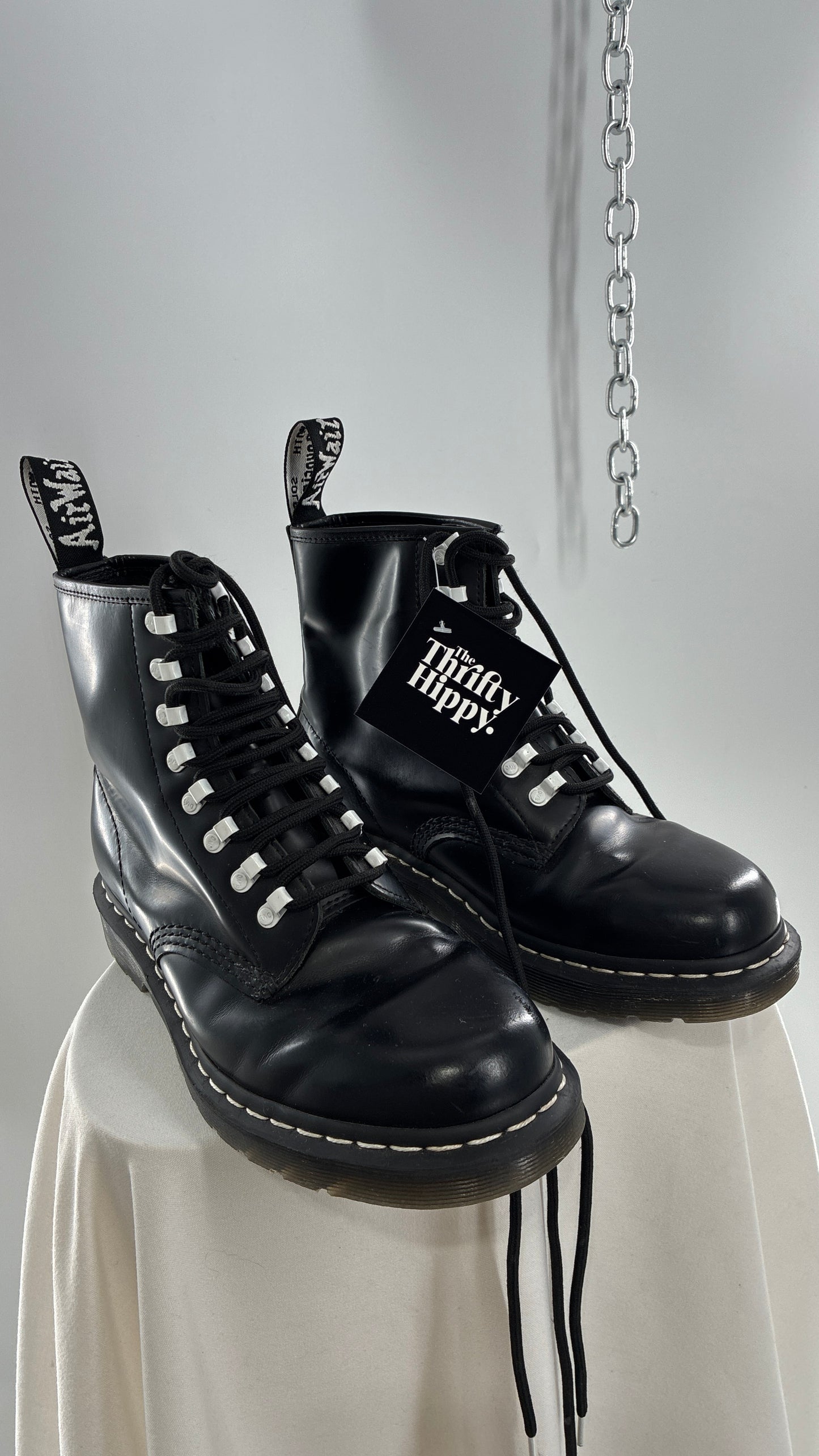 Vintage DR.MARTENS AirWair 1460 DISRUPT Black Patent Leather Boots with White Hardware (8L, 7M)
