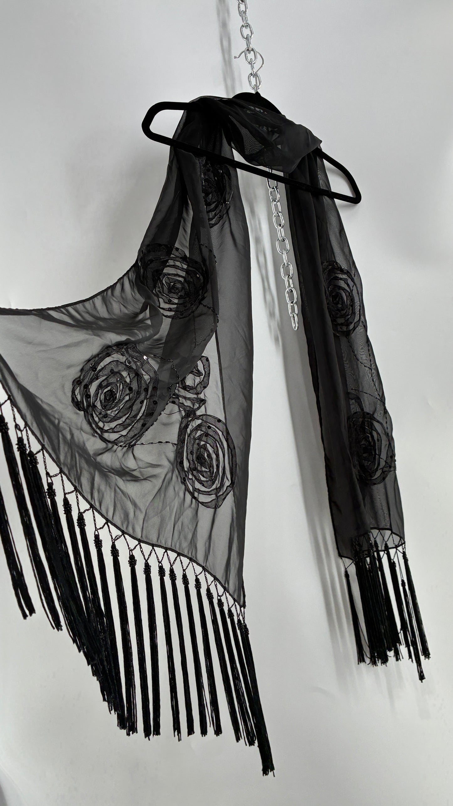 Vintage Black Beaded Scarf with Tassel Fringe and Embroidered Rosettes