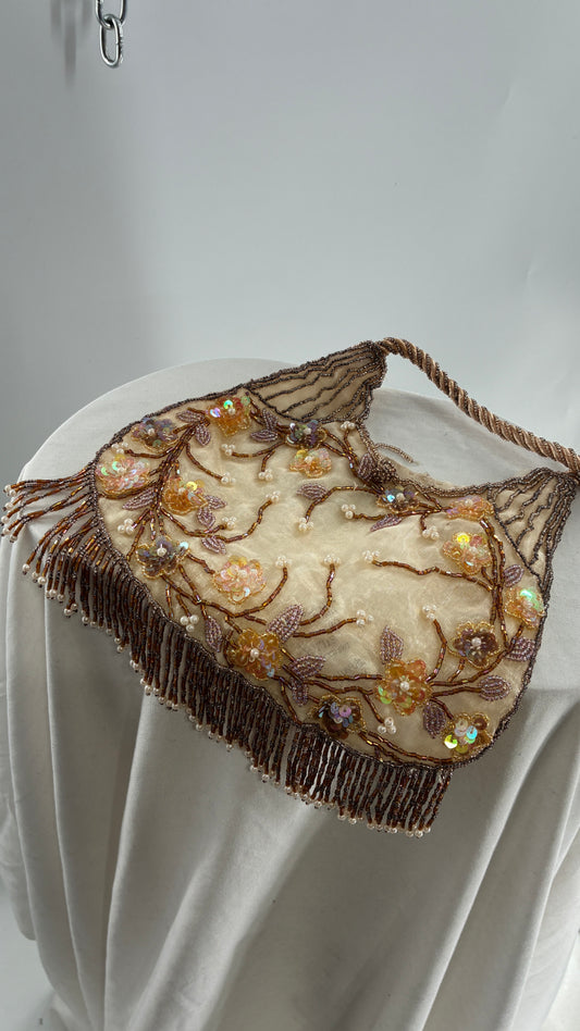 Vintage Deadstock Beige Beaded Fringe Purse with Embroidered Beaded Florals