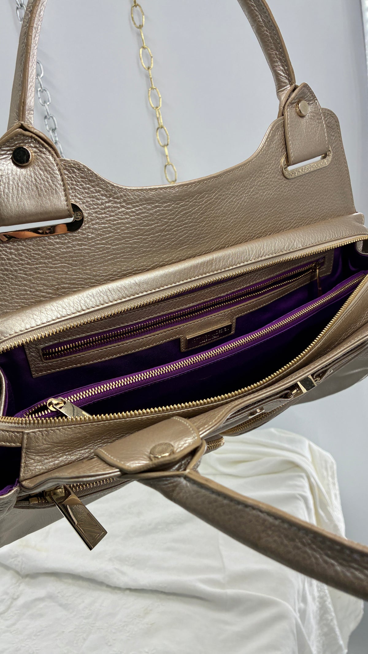 Vintage NOTTINGHILL DESIGNS Westbourne Metallic Champagne Genuine Leather Pocketed Bag with Exaggerated Hardware As Seen on Gossip Girl