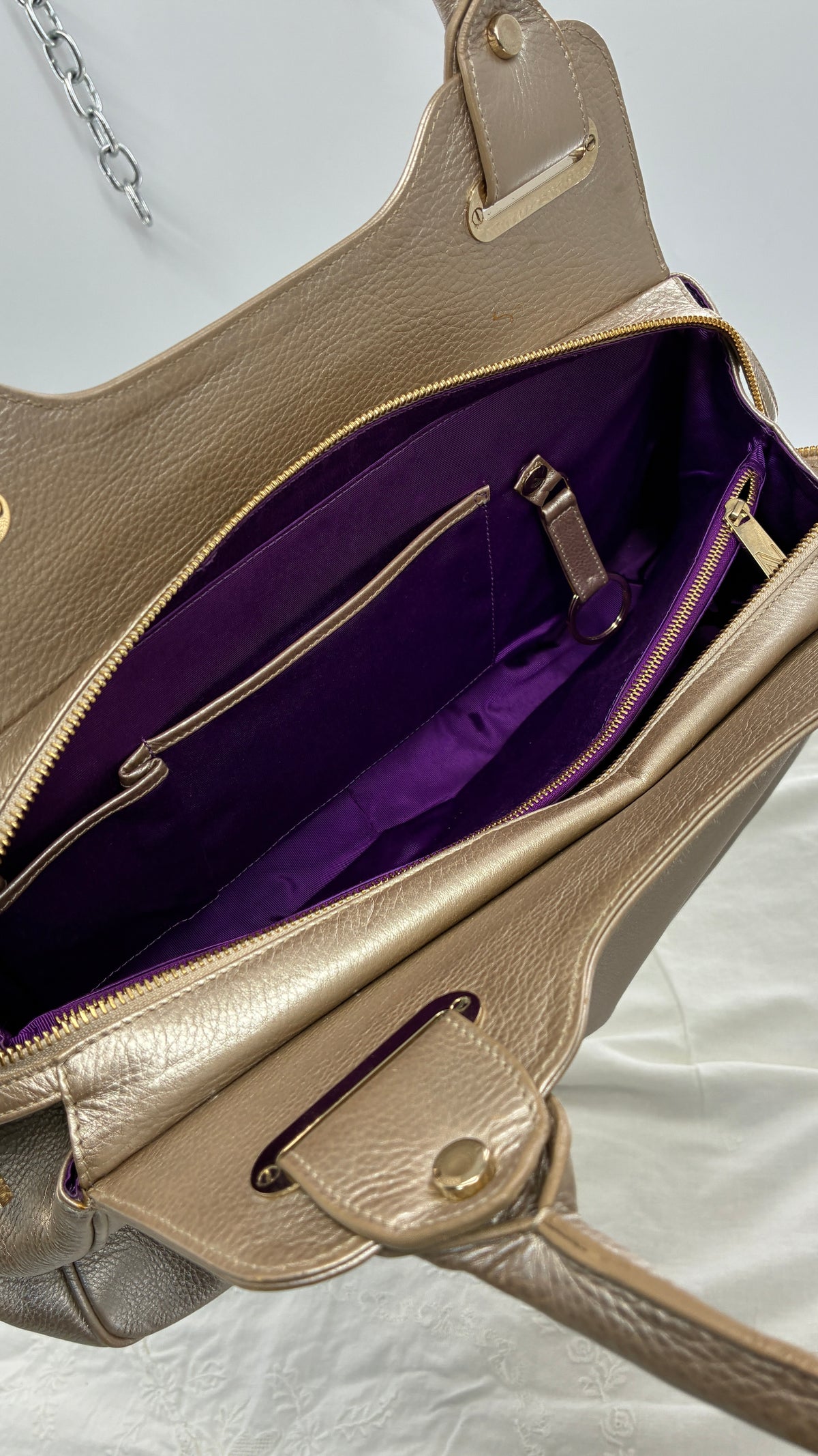 Vintage NOTTINGHILL DESIGNS Westbourne Metallic Champagne Genuine Leather Pocketed Bag with Exaggerated Hardware As Seen on Gossip Girl