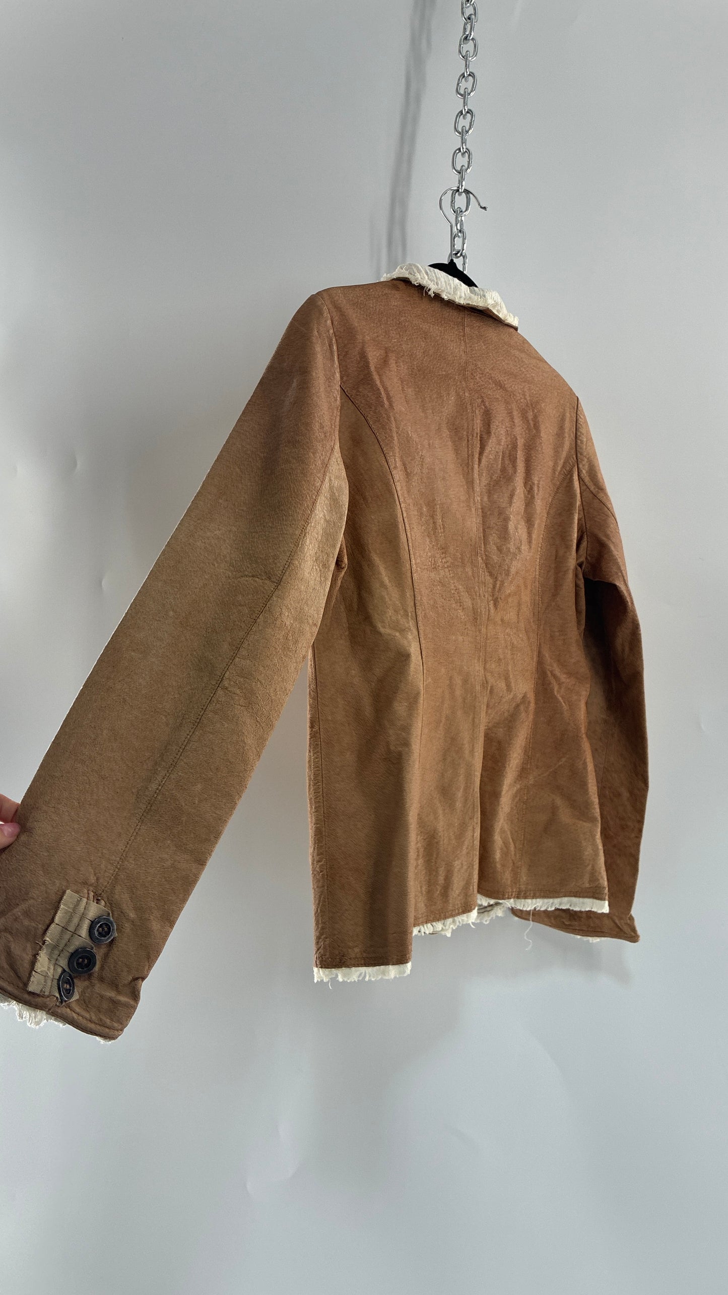 Vintage JAKETT Tan Leather Jacker with Cotton Raw Edge Trim+ Lining and buttoned Cuffs (Medium)