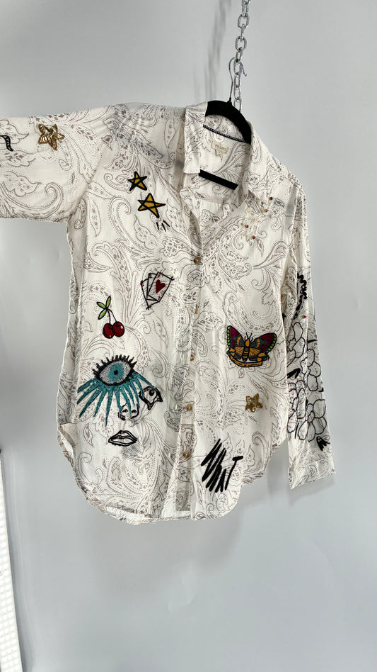 PILCRO Anthropologie Embroidered Appliqué Button Up (Small)