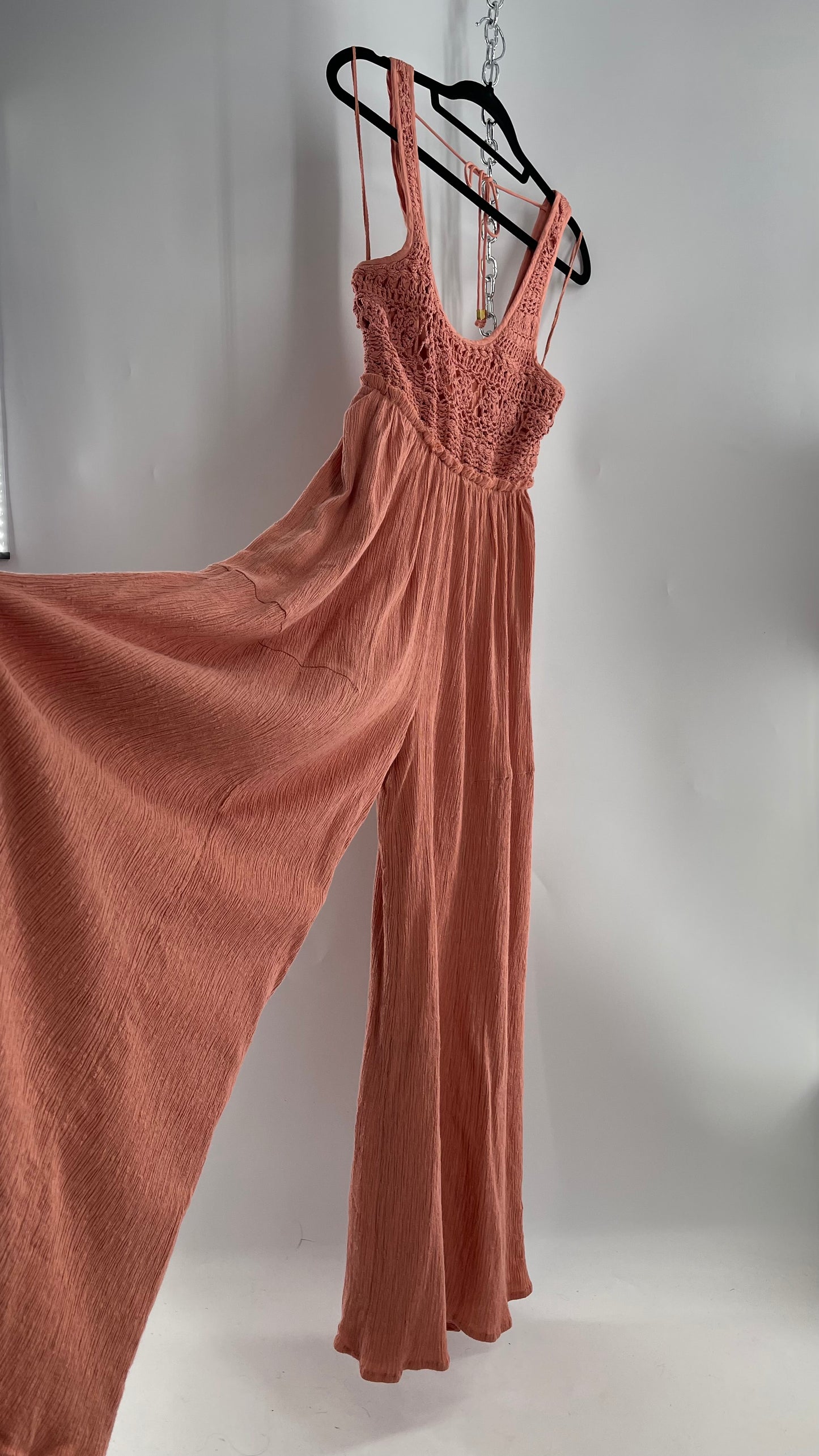 Free People Rose/Peach Pink Wide Leg Jumpsuit with Crochet Bust and Tags Attached (XS)