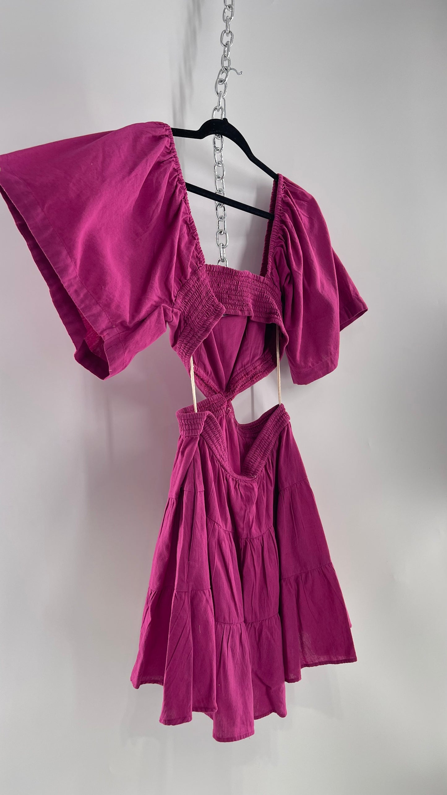 Free People Mauve Fuchsia Cotton/Linen Cut Out Sides Open Back Mini Dress (Small)