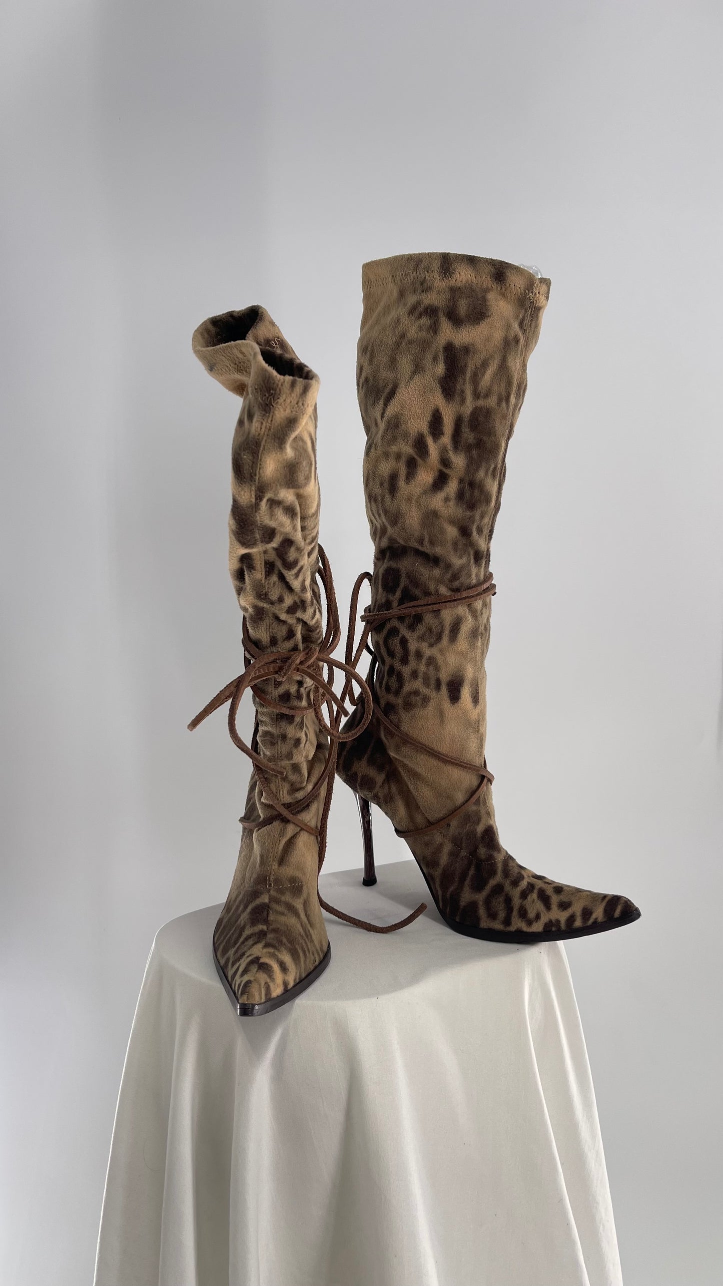 Vintage Alberto Venturini Animal Print Tie Up Pointed Toe Boots (37)