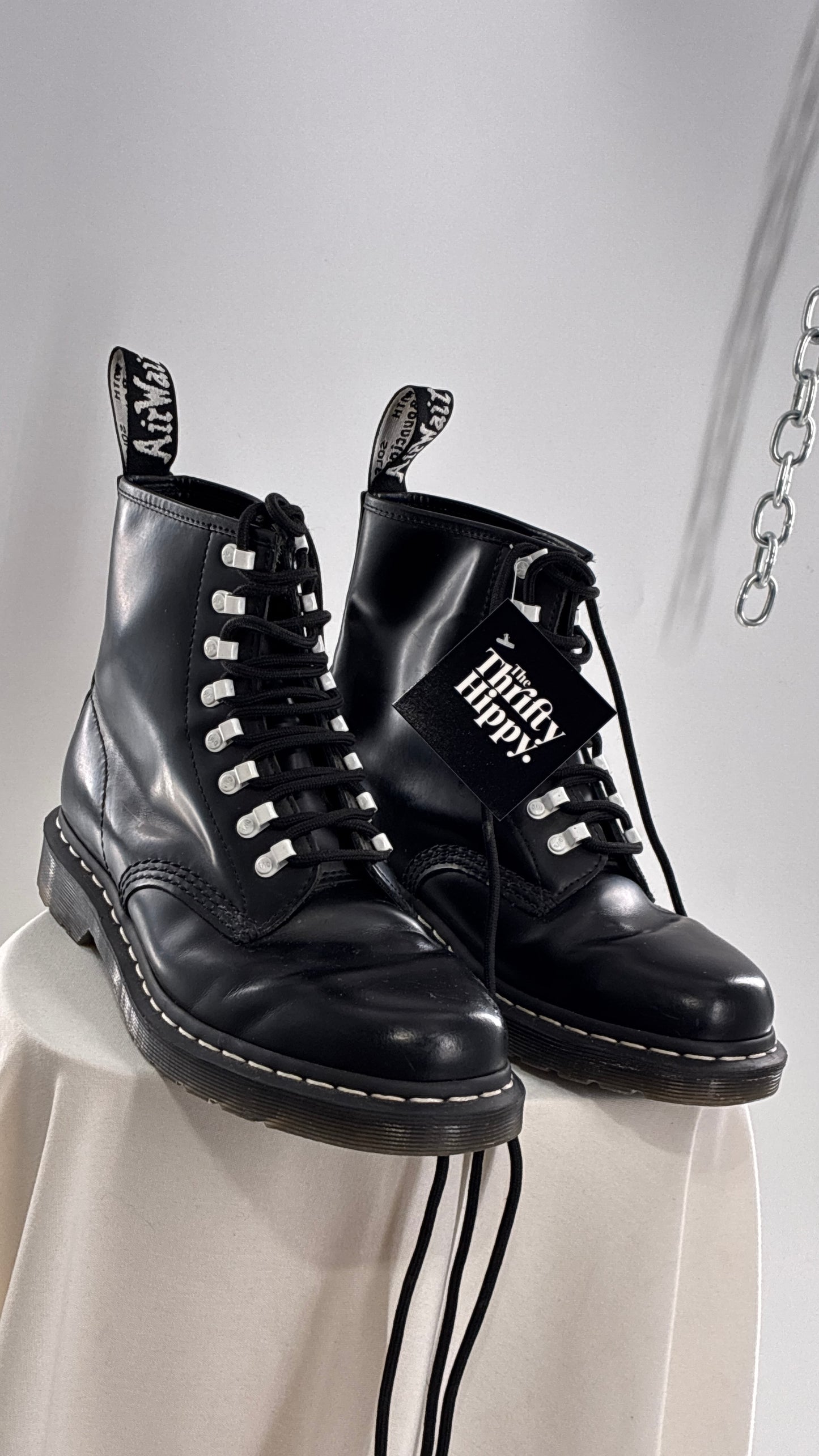 Vintage DR.MARTENS AirWair 1460 DISRUPT Black Patent Leather Boots with White Hardware (8L, 7M)