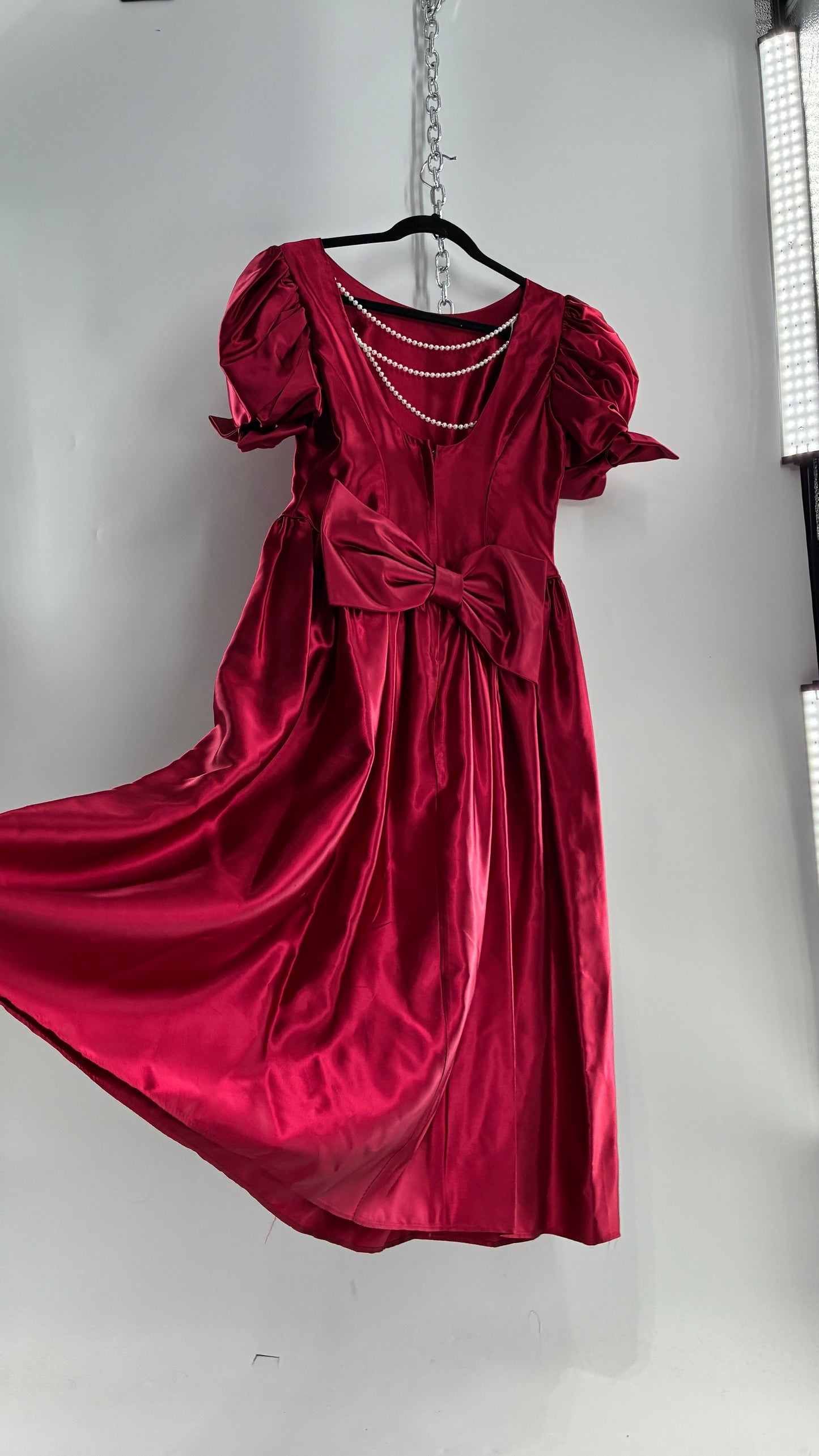 Vintage Red Silky Satin Corset Style Dress with Sweetheart Neckline, Puff Sleeves, Oversized Bow Bum, Open Back and Draping Pearls  (10P)