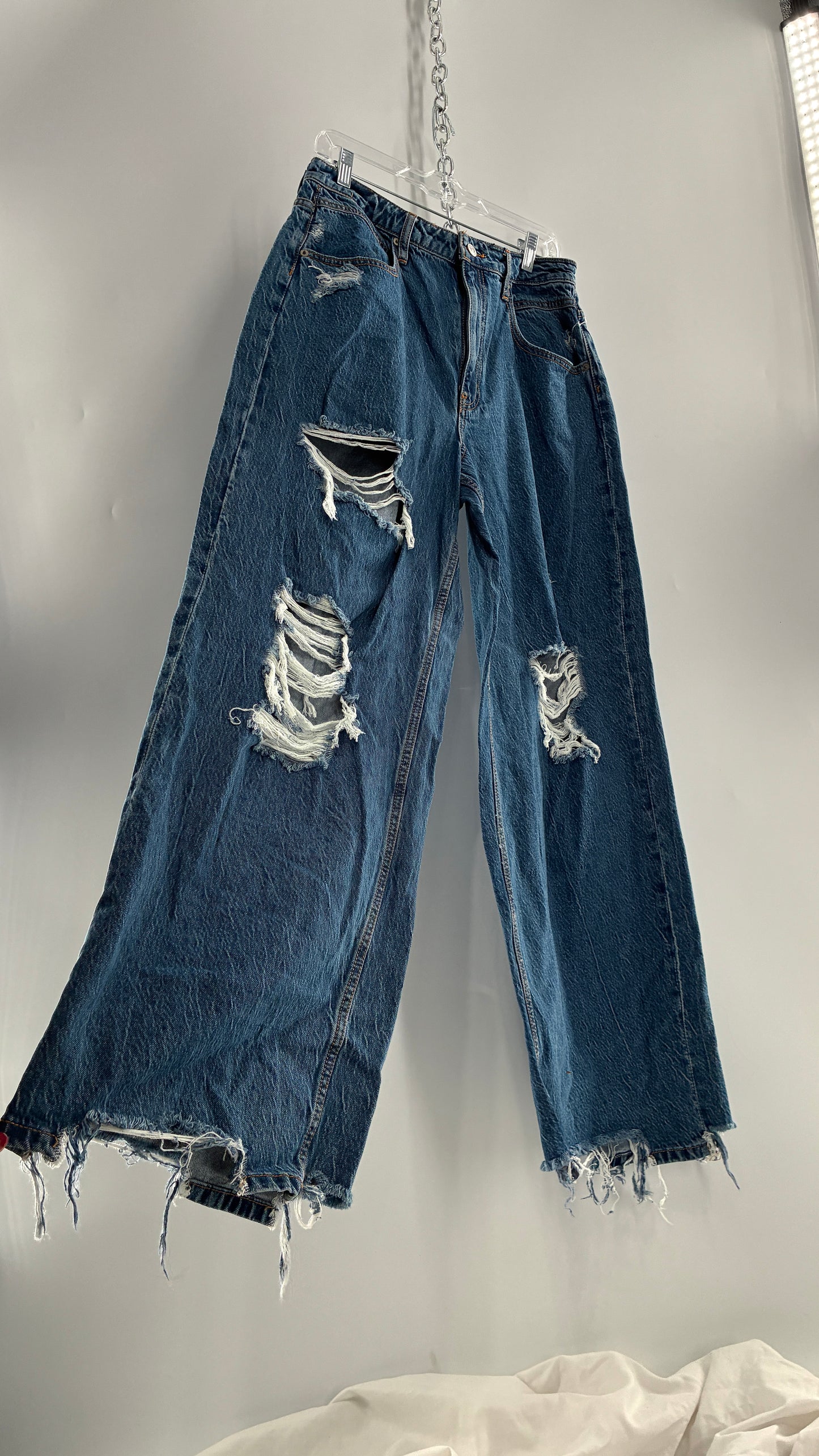 Free People Medium Wash Wide Leg Distressed Jeans (30)